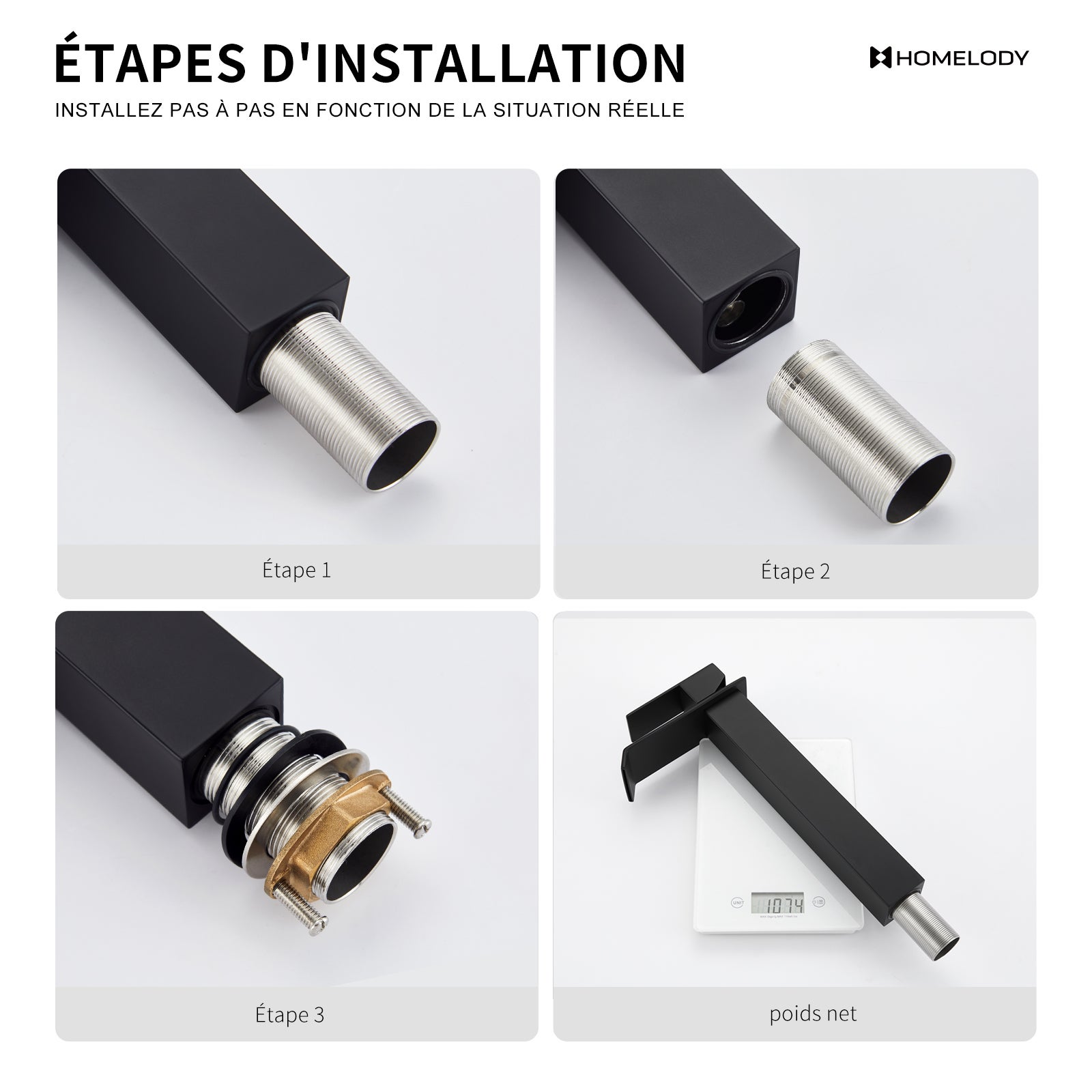 Mitigeur de Lavabo Cascade Bec Haut Noir – Robinet Salle de Bain en Acier Inox SUS304, Eau Chaude/Froide, Design Moderne à Levier Unique - 9