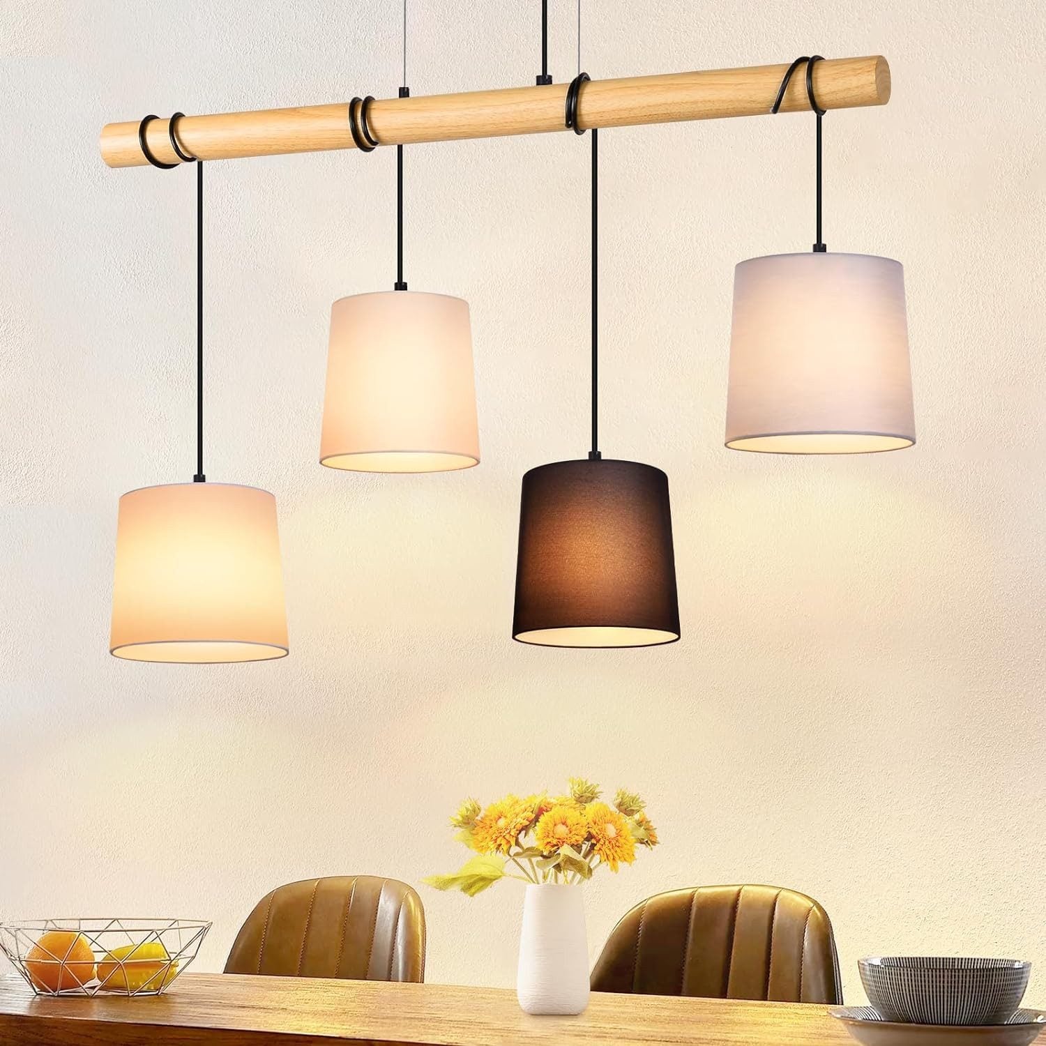 Żarówki Nettlife Suspension 4 E27 Vintage o średnicy. 80cm wielokolorowe drewno z abażurem materiałowym do jadalni, salonu, biura