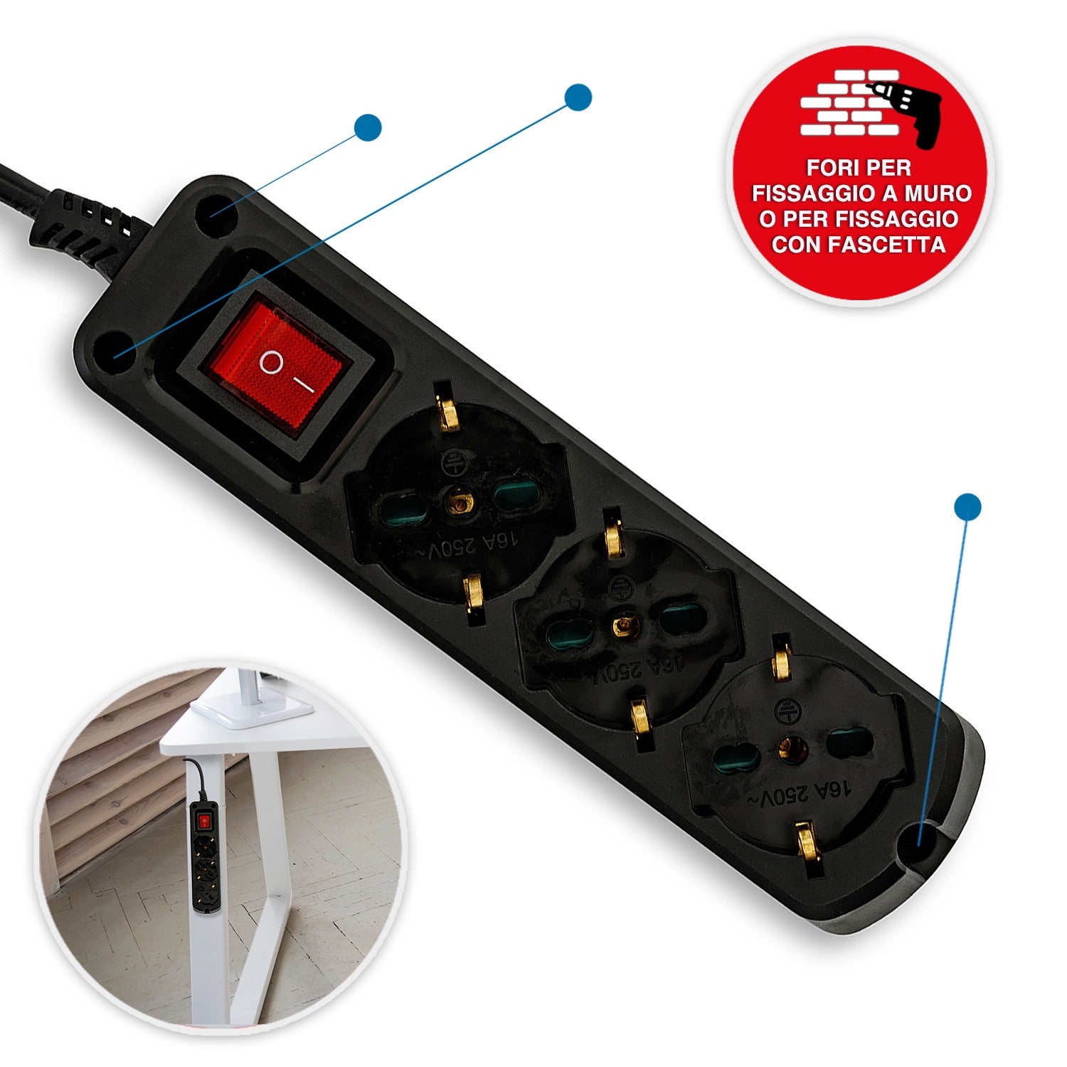 Multiprise italienne 3 schuko + 10/16A. Avec interrupteur, câble 1m et fiche 16A - 8