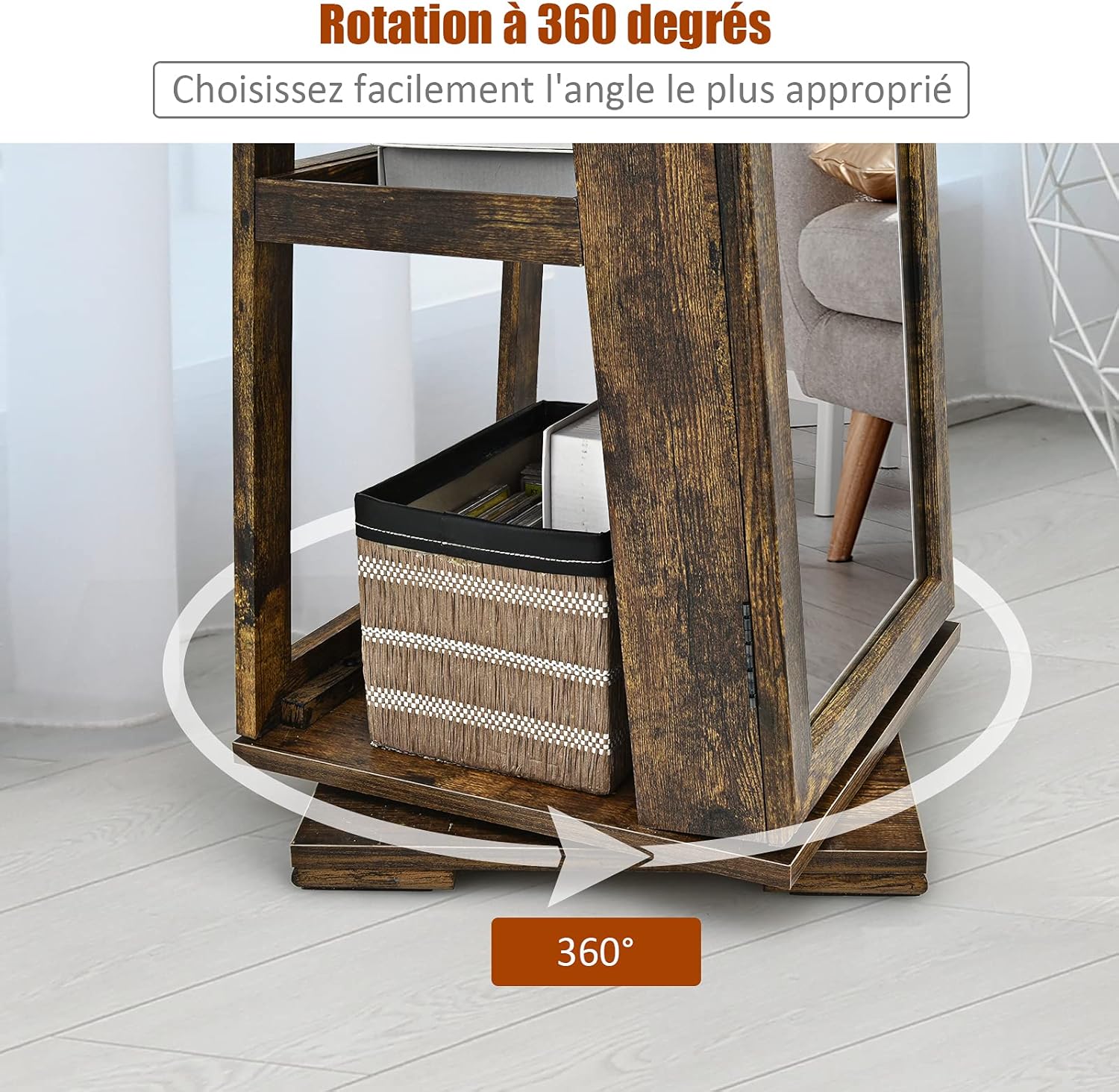 Armoire à Bijoux Pivotante à 360 Degrés sur Pieds,avec Grand Miroir Psyché et Etagère de Rangement à L’Arrière (Vintage) - 8