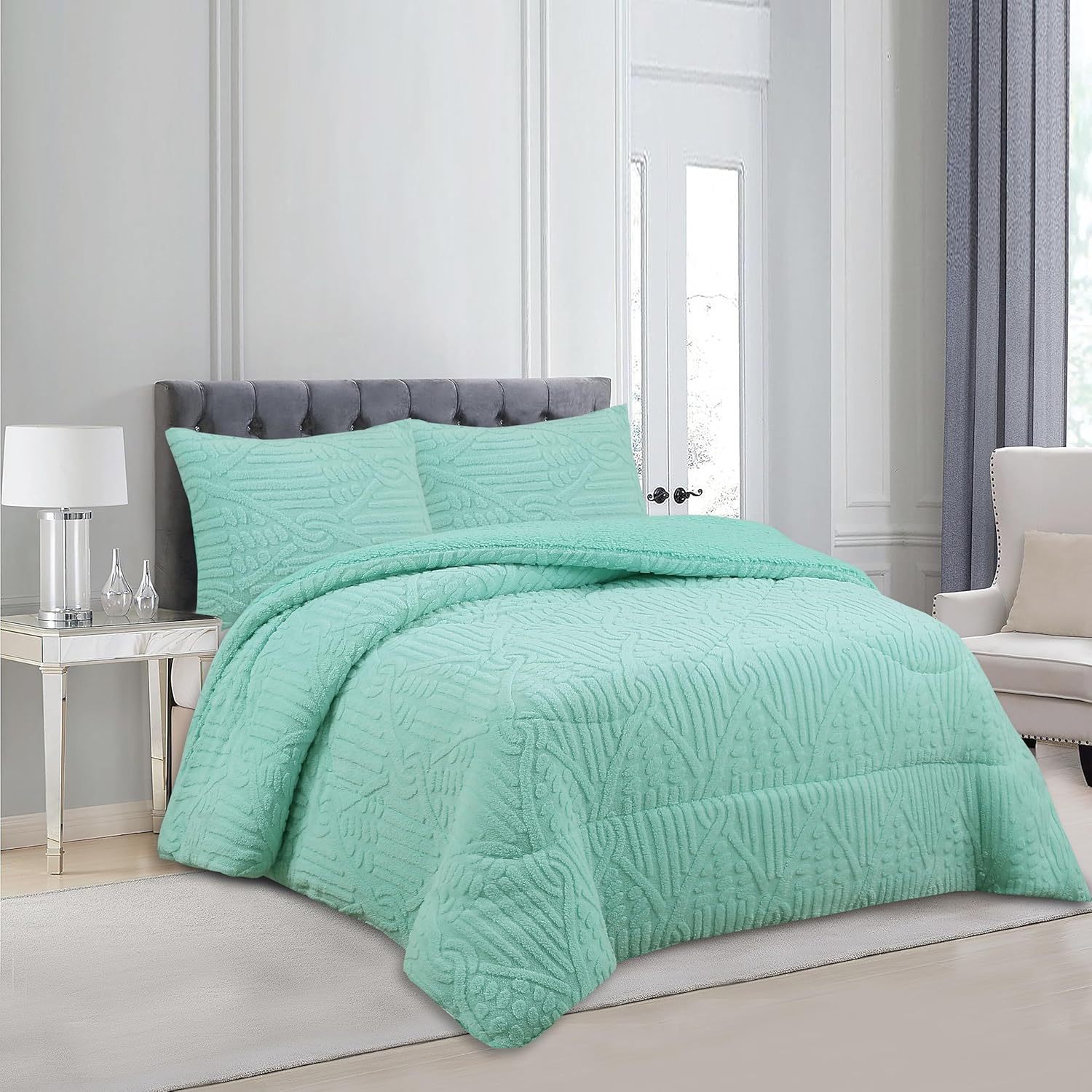 Haradeco manta sherpa para cama con fundas almohada, edredón borreguito terciopelo gruesa abriga(jacquard azul celeste, 230x250cm)
