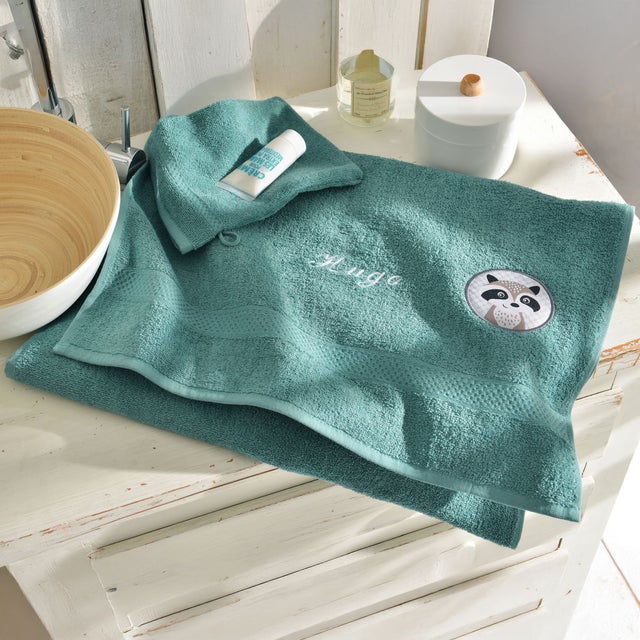 Serviette de toilette + gant PETITES BETES 50x90 bleu en coton