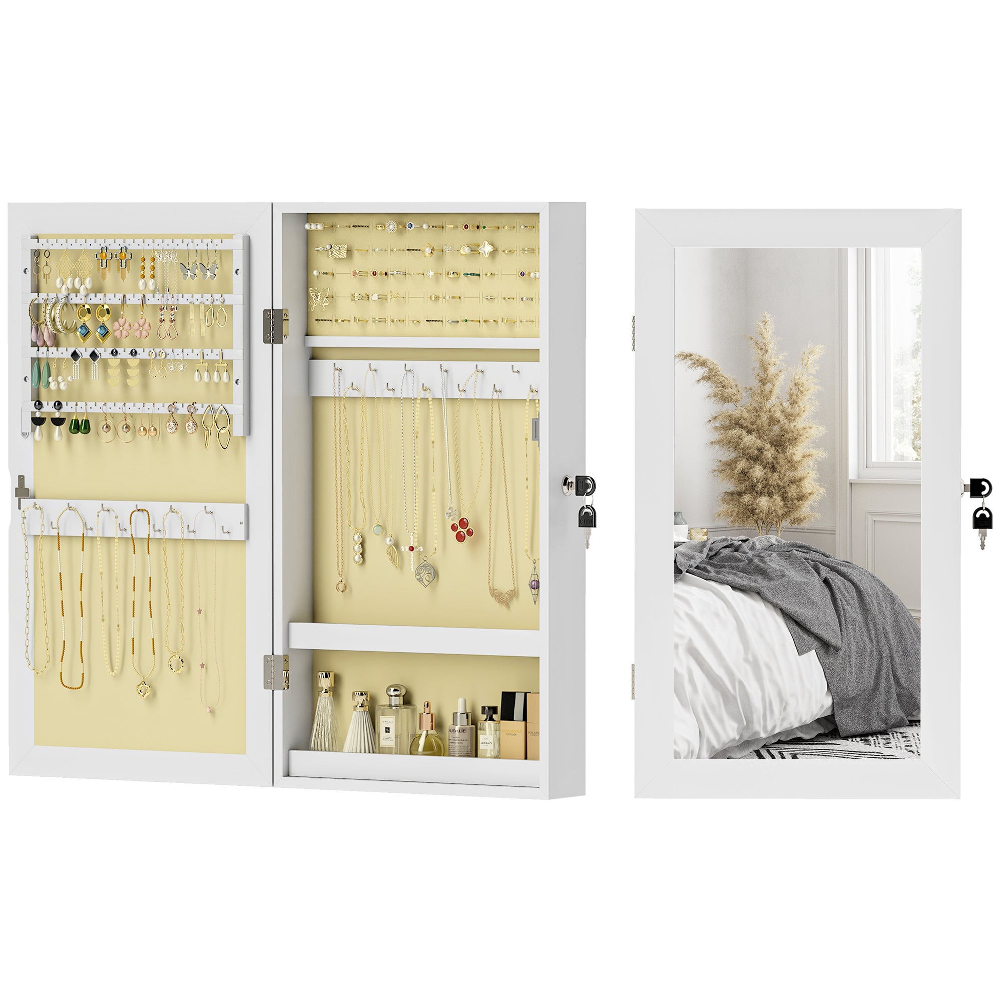Miroir à bijoux mural , armoire à bijoux verrouillable, miroir pleine longueur en MDF pour chambre et salon, 36,5 x 9,5 x 67 cm, blanc - 2