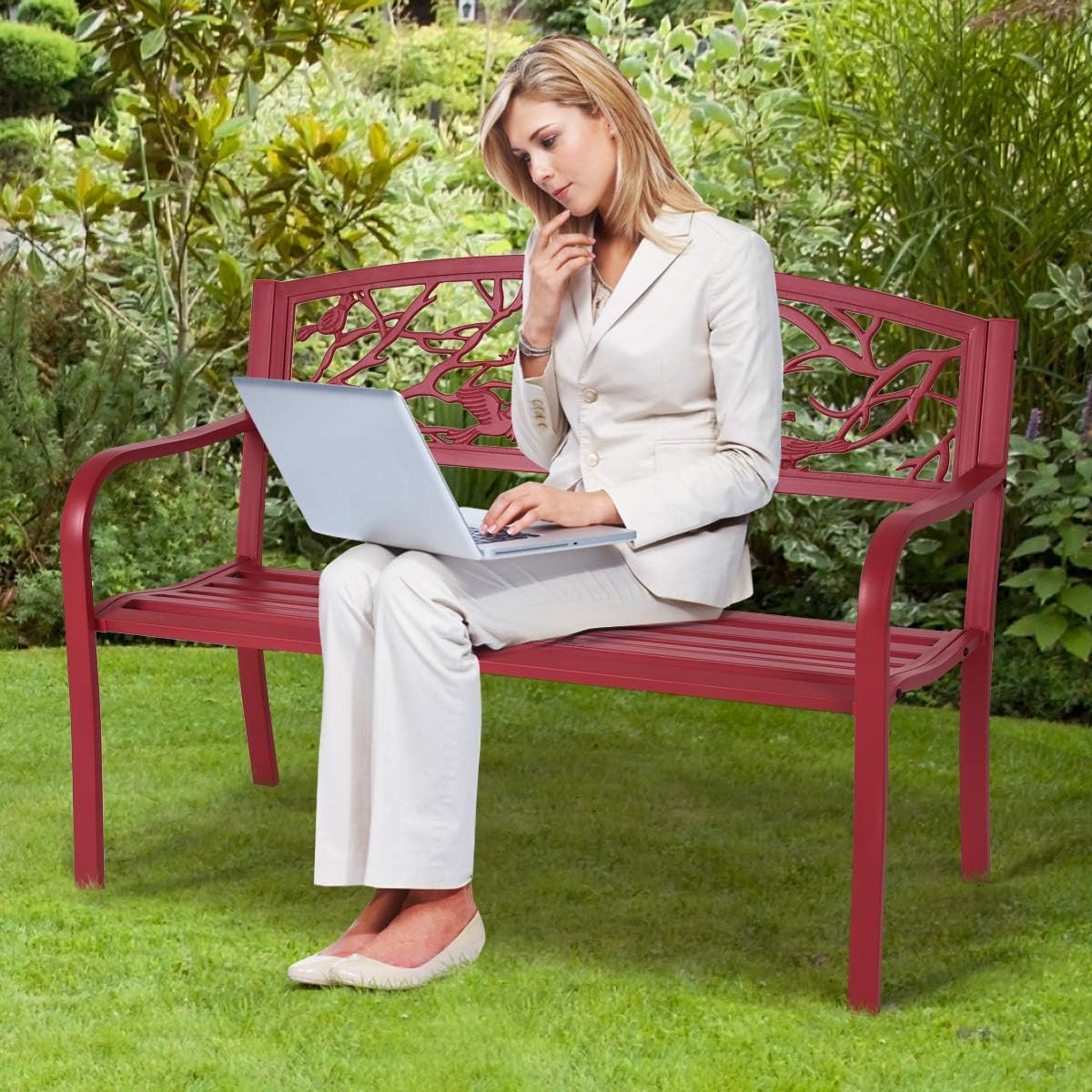 Banc de Jardin en Métal, Dossier Ergonomique avec Motif a l’Oiseau en Fer Forge, 2-3 Places, avec Accoudoirs et Dossier Ergonomique, 280KG,Rouge - 9