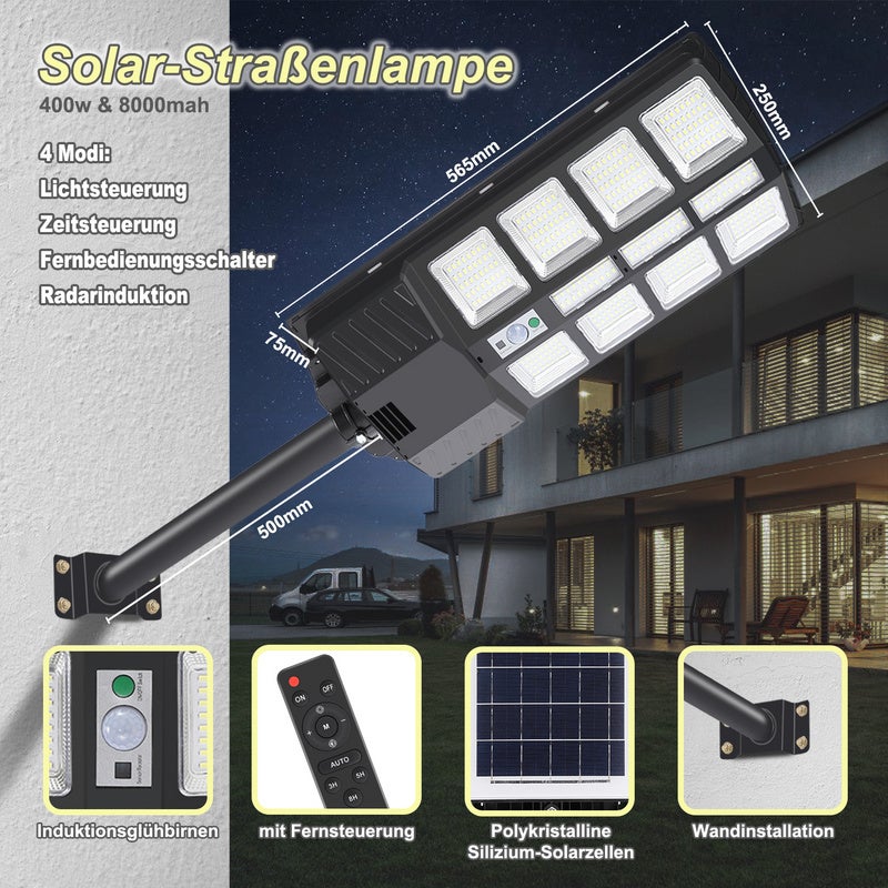 Lampione stradale Led 300W Nero con pannello solare IP66 Bianco freddo 6500K con sensore crepuscolare e di movimento Wisdom