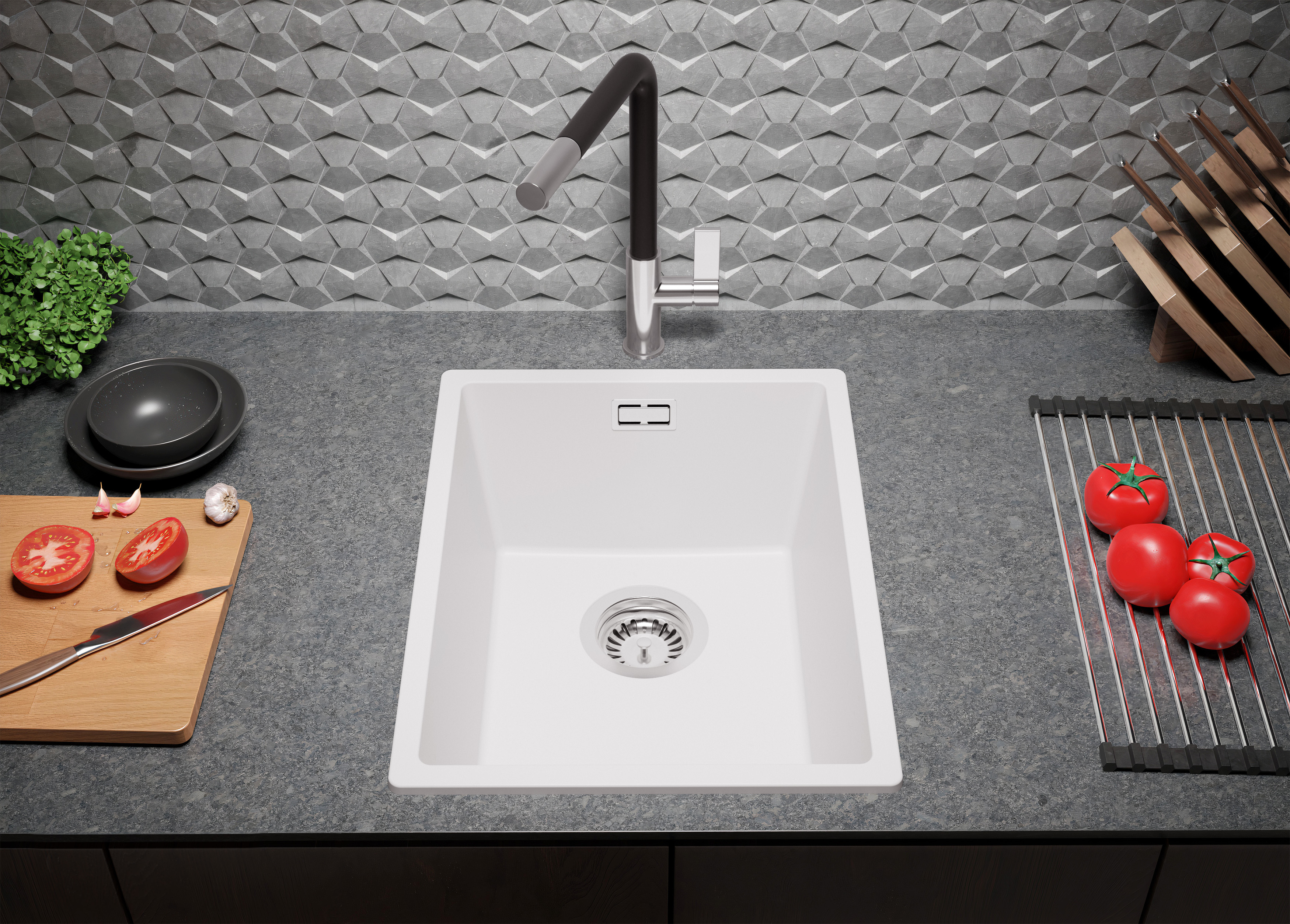 Lavello da Cucina Bianco 36x47cm, Lavandino in Granito a 1 vasca + Sifone Classico, Lavabo da Cucina Incasso al mobile 40cm - London Slim PRIMAGRAN - 4