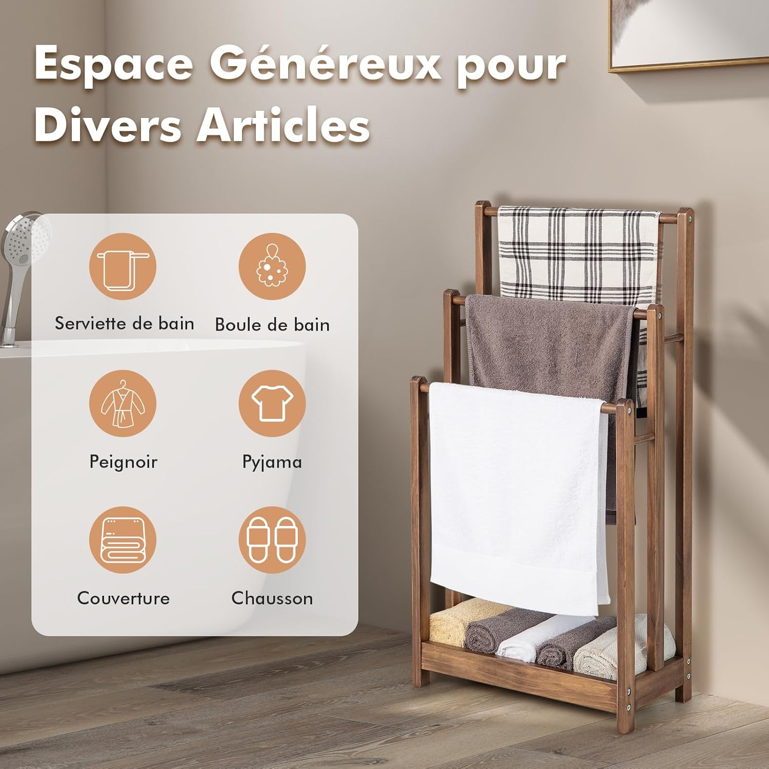 Porte-Serviettes sur Pied en Bois, 3 Barres et Étagère de Rangement Inférieure, Dispositif Anti-Renversement, 22 x 45 x 86 cm, Marron - 5