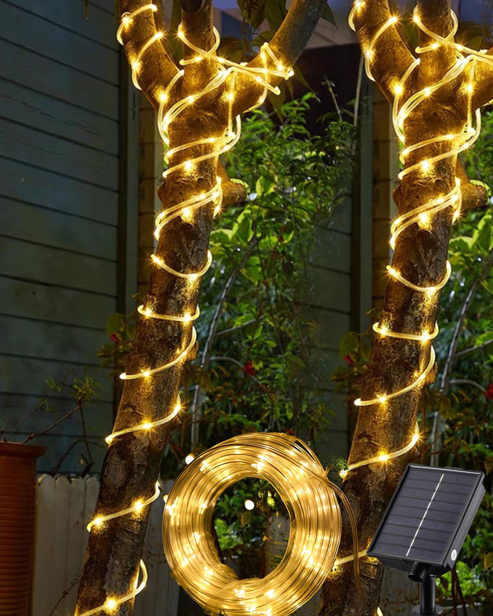Solarna girlanda zewnętrzna w kształcie tuby, 12m 100 LED, 8 trybów świecenia, wodoodporna, dekoracja do ogrodu, na taras, balkon (Ciepła biel)