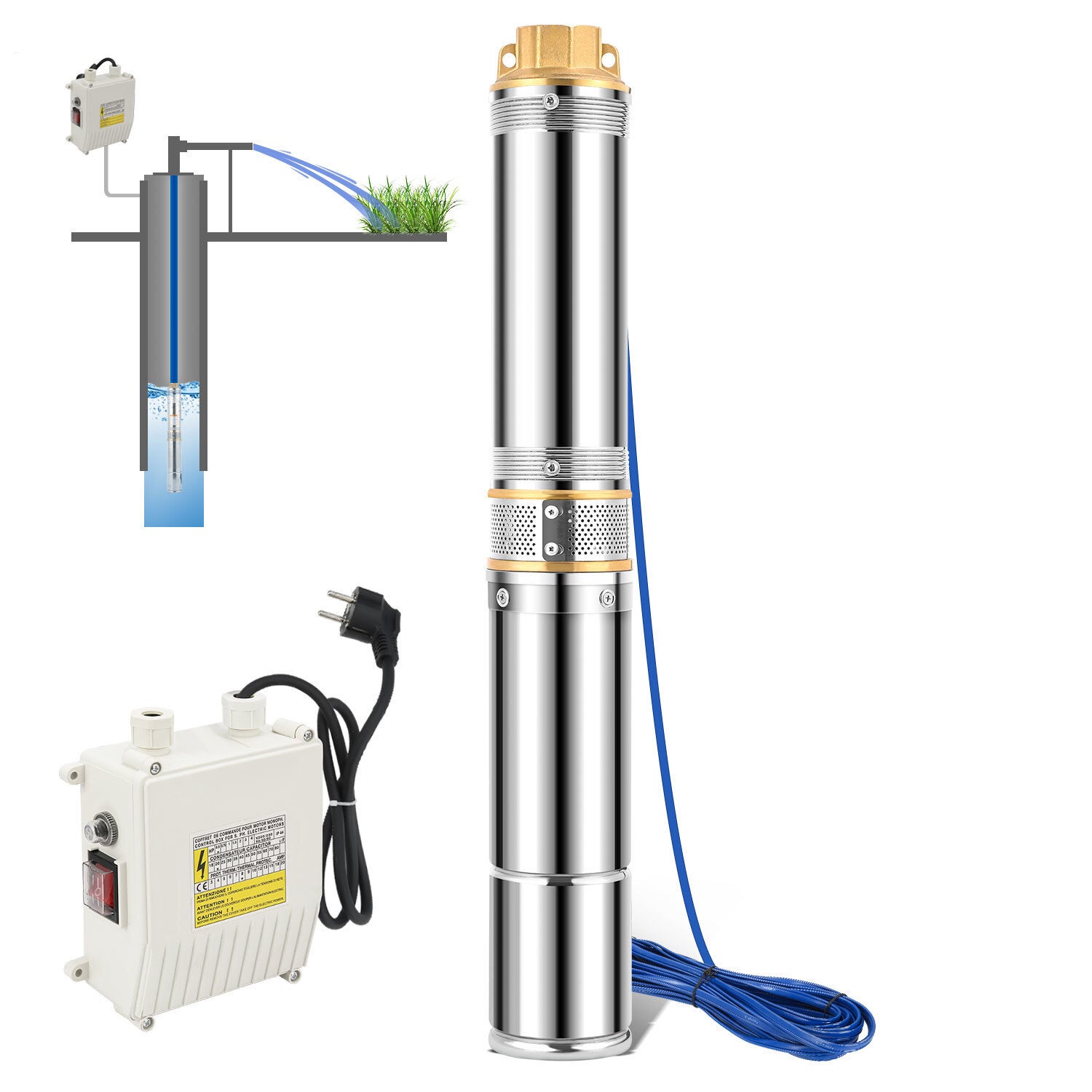 Pompa zanurzeniowa do głębokich studni, 370 W, 4000 l/h, 34 m, z przewodem o długości 20 m i zewnętrzną skrzynką sterowniczą, stal nierdzewna