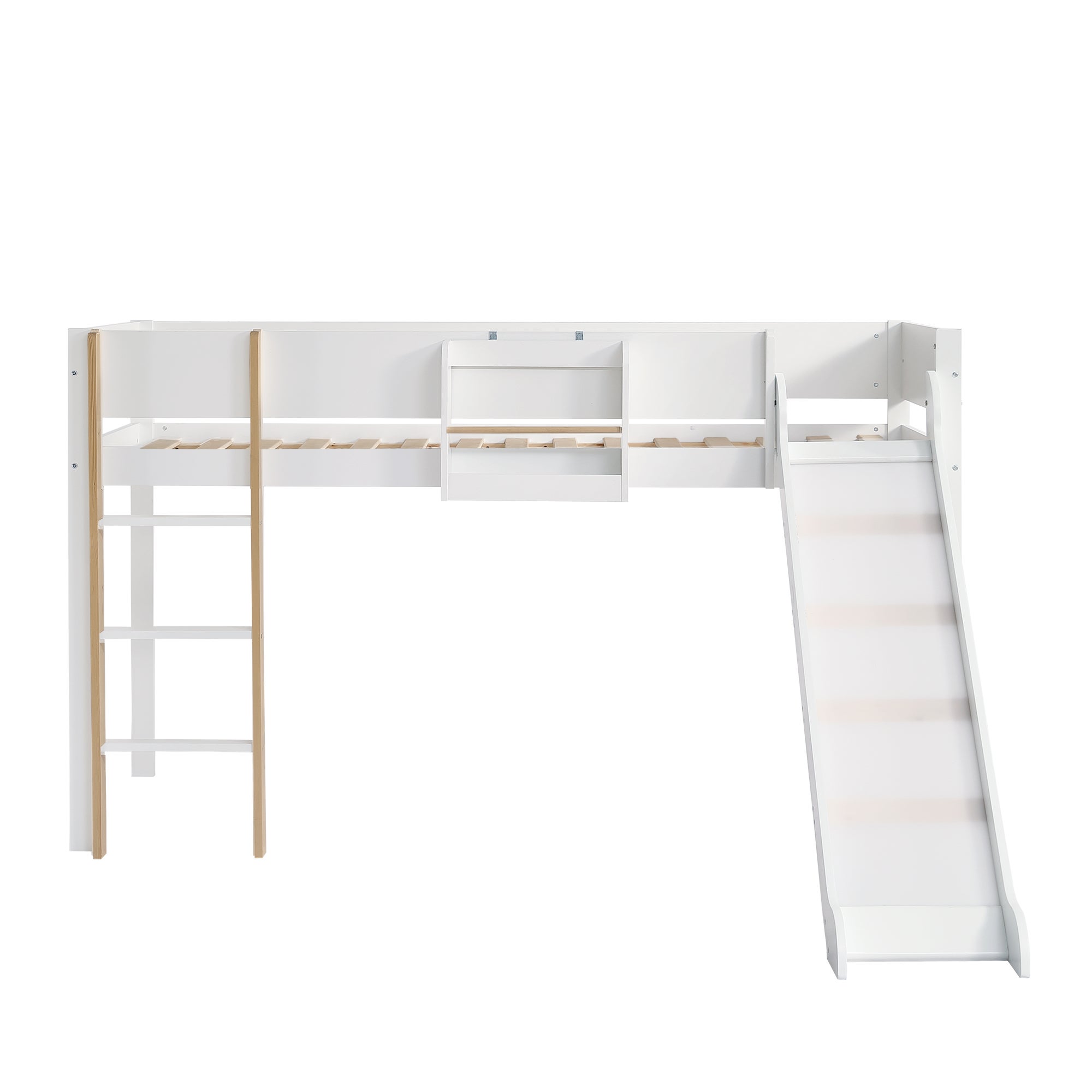 Letto a soppalco 90x200cm, letto a castello con scala dritta a tre gradini, letto per bambini, letto per ragazzi con scivolo, bianco+naturale - 6