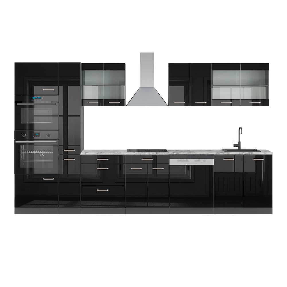 Vicco Szafka kuchenna R-Line, Czarny/antracyt o wysokim połysku, 350 cm z wysoką szafką, BP Marmur