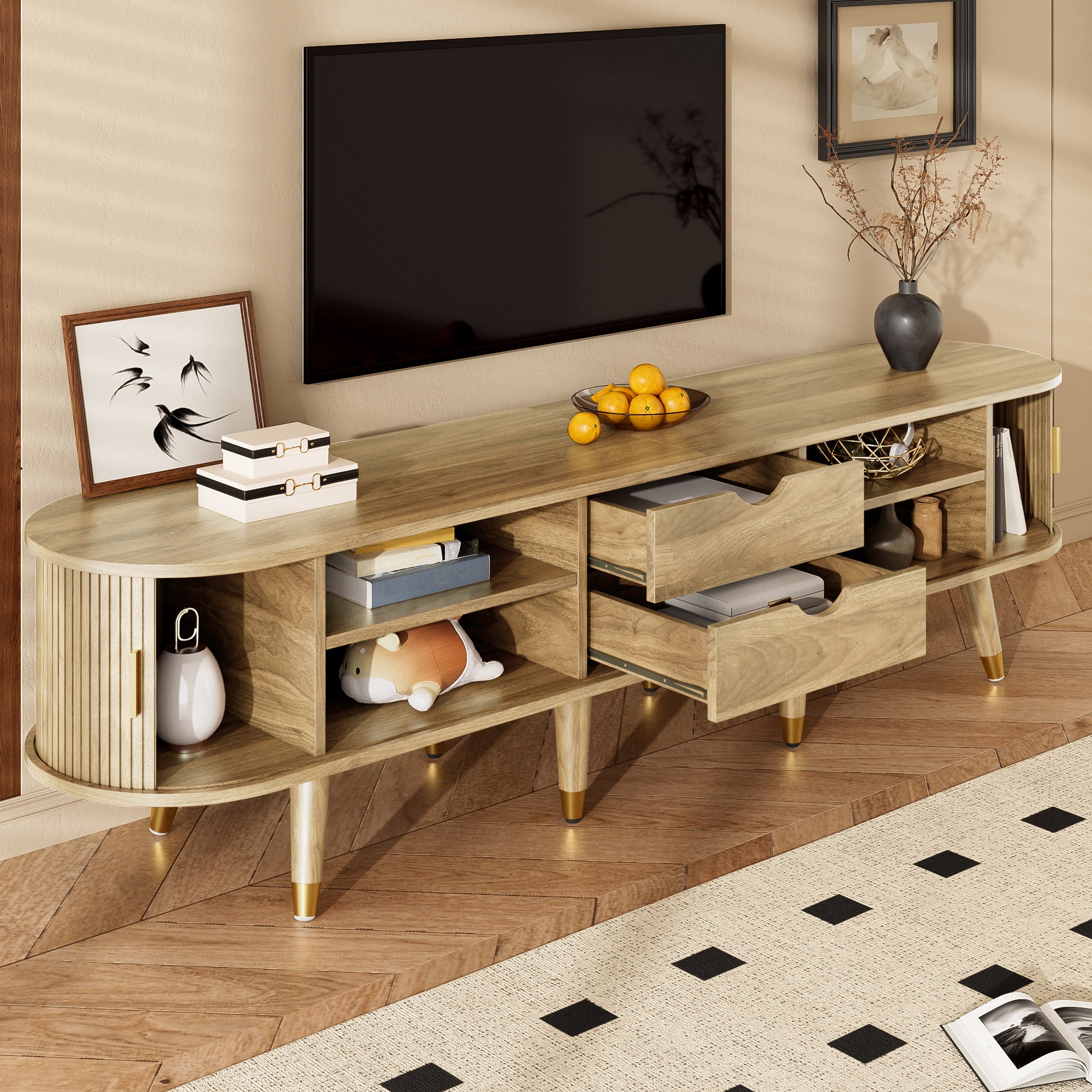 Stolik pod TV z 2 drzwiami przesuwnymi i 2 szufladami - 175 x 38 x 45 cm - MDF - Dąb - 3