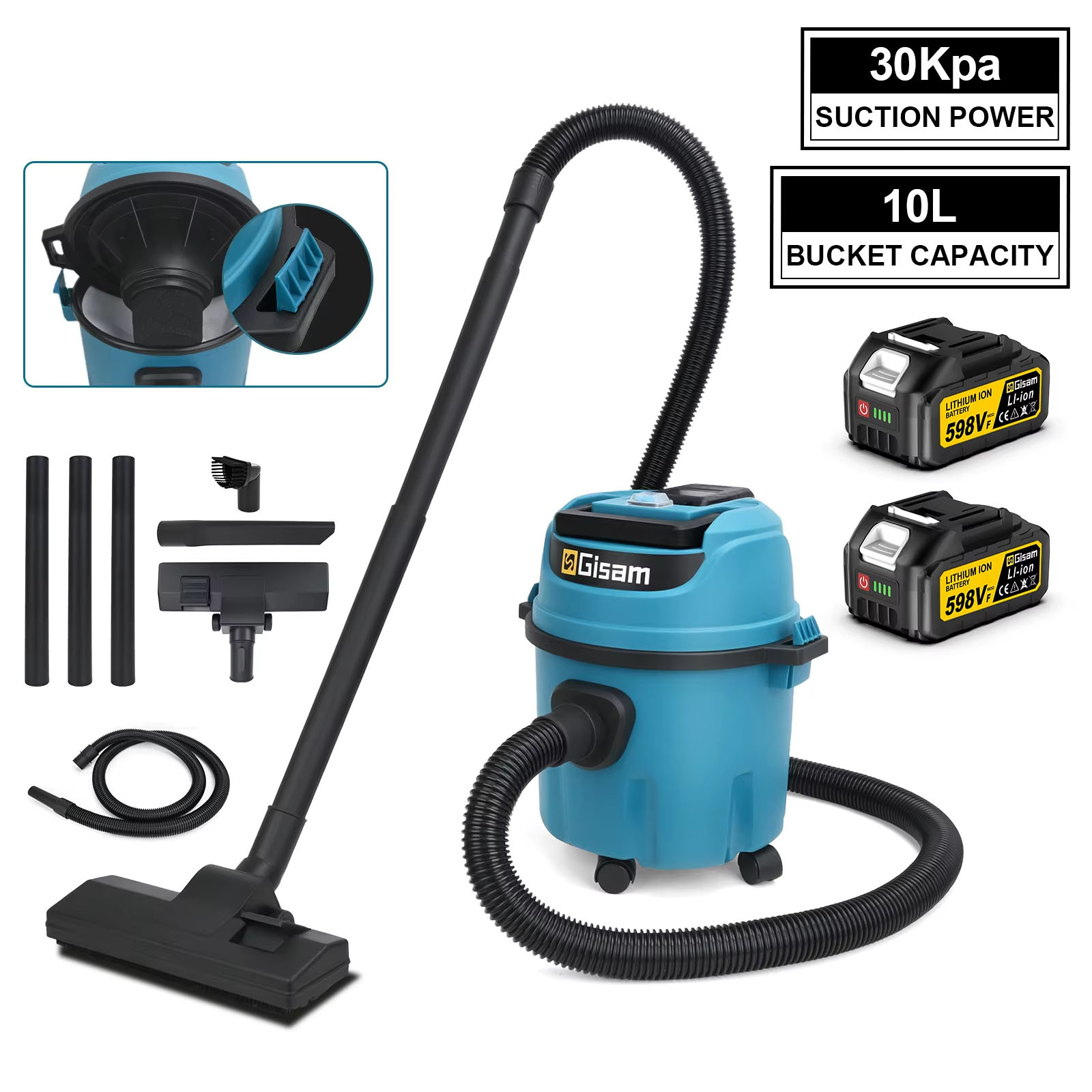 Aspirapolvere elettrico per liquidi e solidi, 30 kPa, 10 L, strumento di  pulizia industriale per uso domestico, interfaccia batteria 18 V