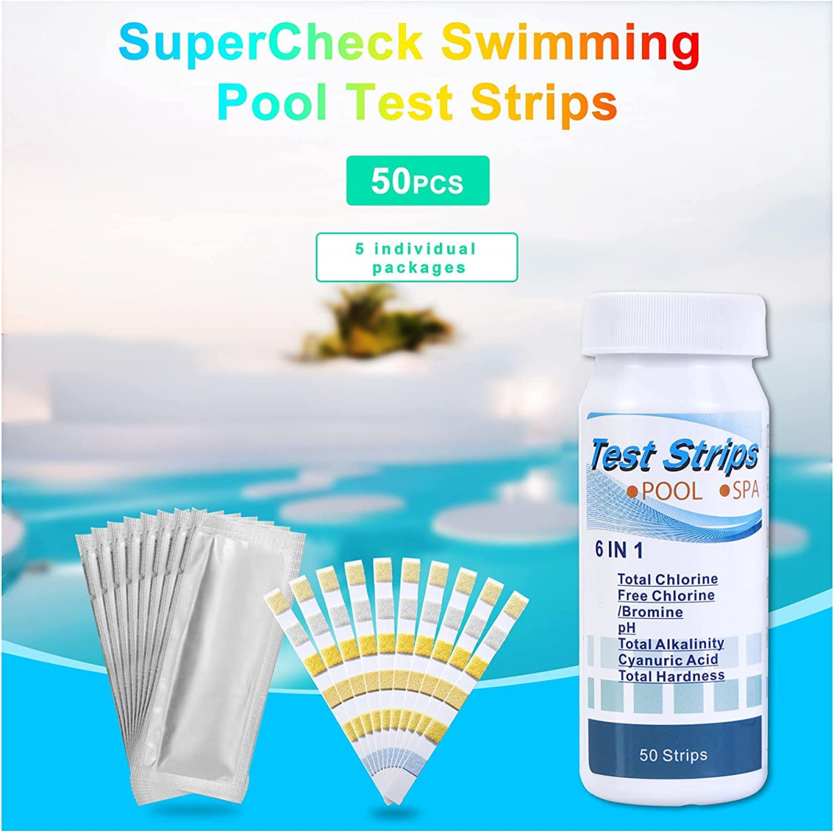 Bandelettes de test pour piscine et spa 6 en 1, 100 bandelettes pour tester le chlore, le brome, le pH, l'alcalinité, l'acide cyanurique et la dureté - 3