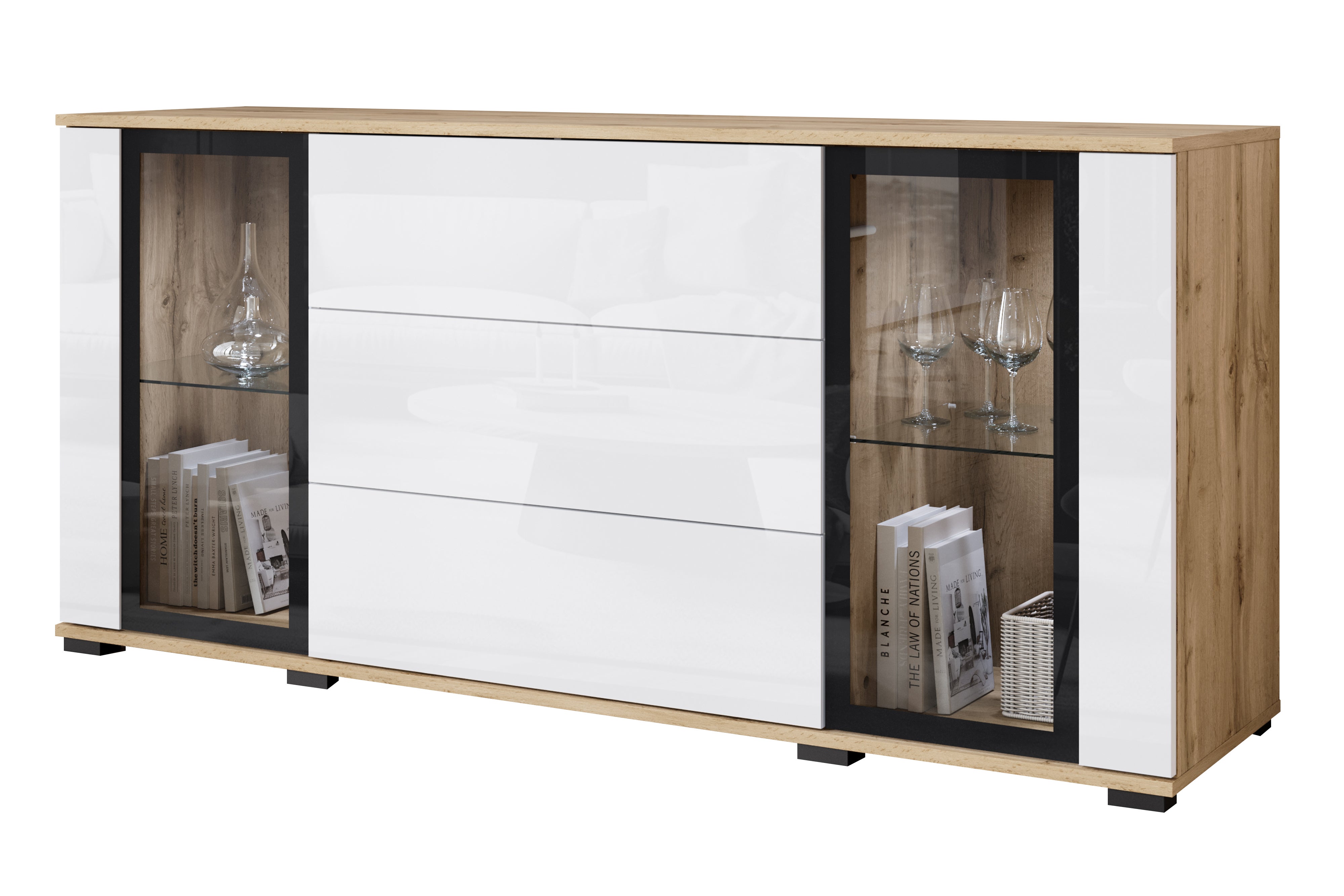 MINIO go for it, Witryna z szufladami FARO 150 cm dąb wotan/biały połysk z oświetleniem LED