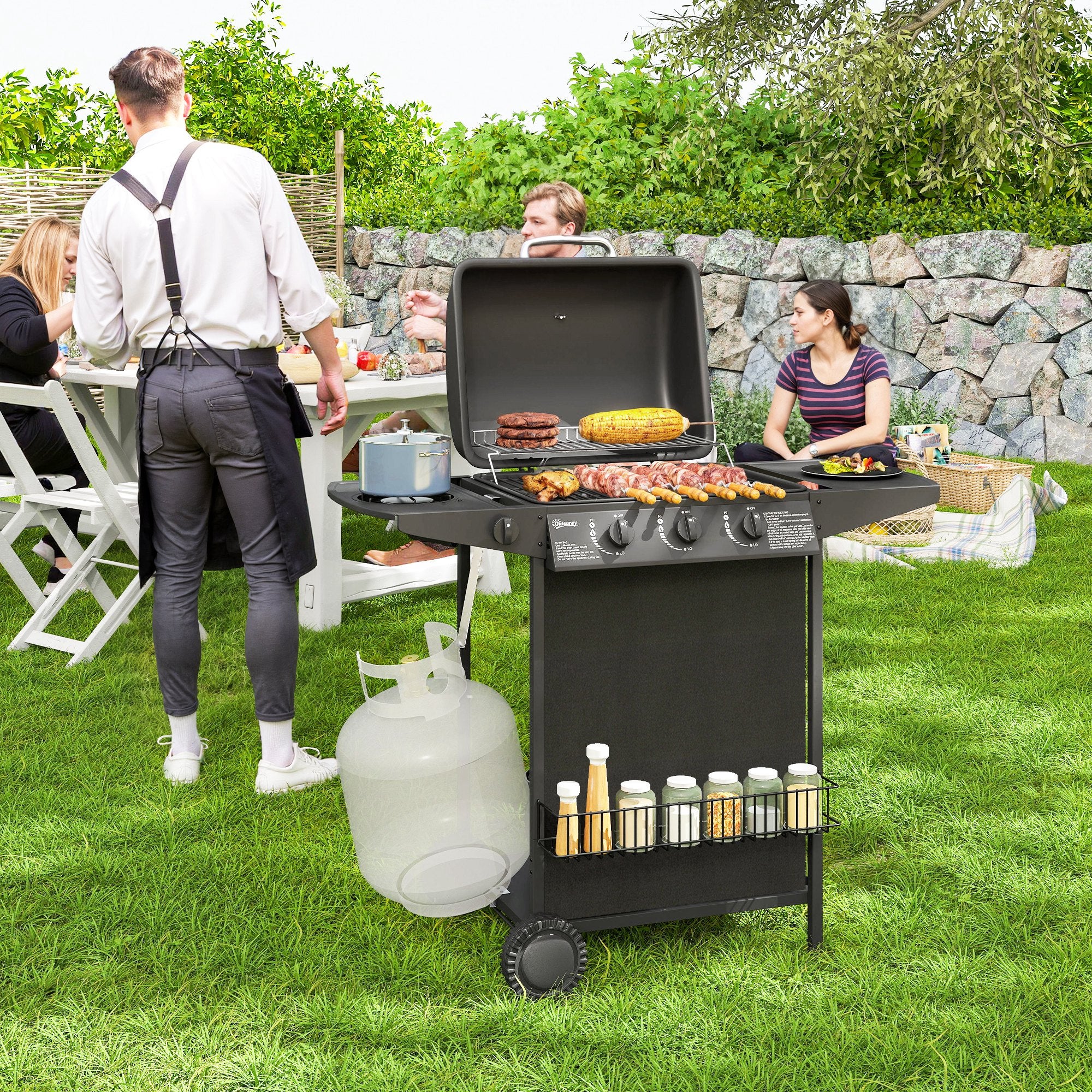 Outsunny Barbecue a Gas con 4 Bruciatori Indipendenti e Coperchio con Termometro, 108x54x97 cm, Nero - 2