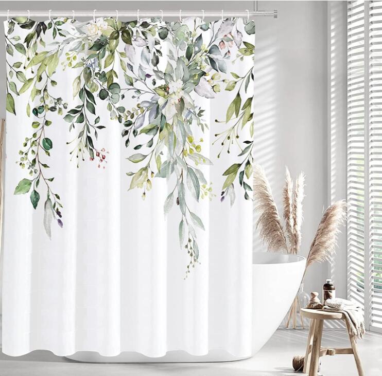 Ensemble de rideaux de douche en eucalyptus vert,feuilles d'aquarelle sur le dessus,décoration florale de salle de bain,180cm x 180cm avec 12 crochets - 5