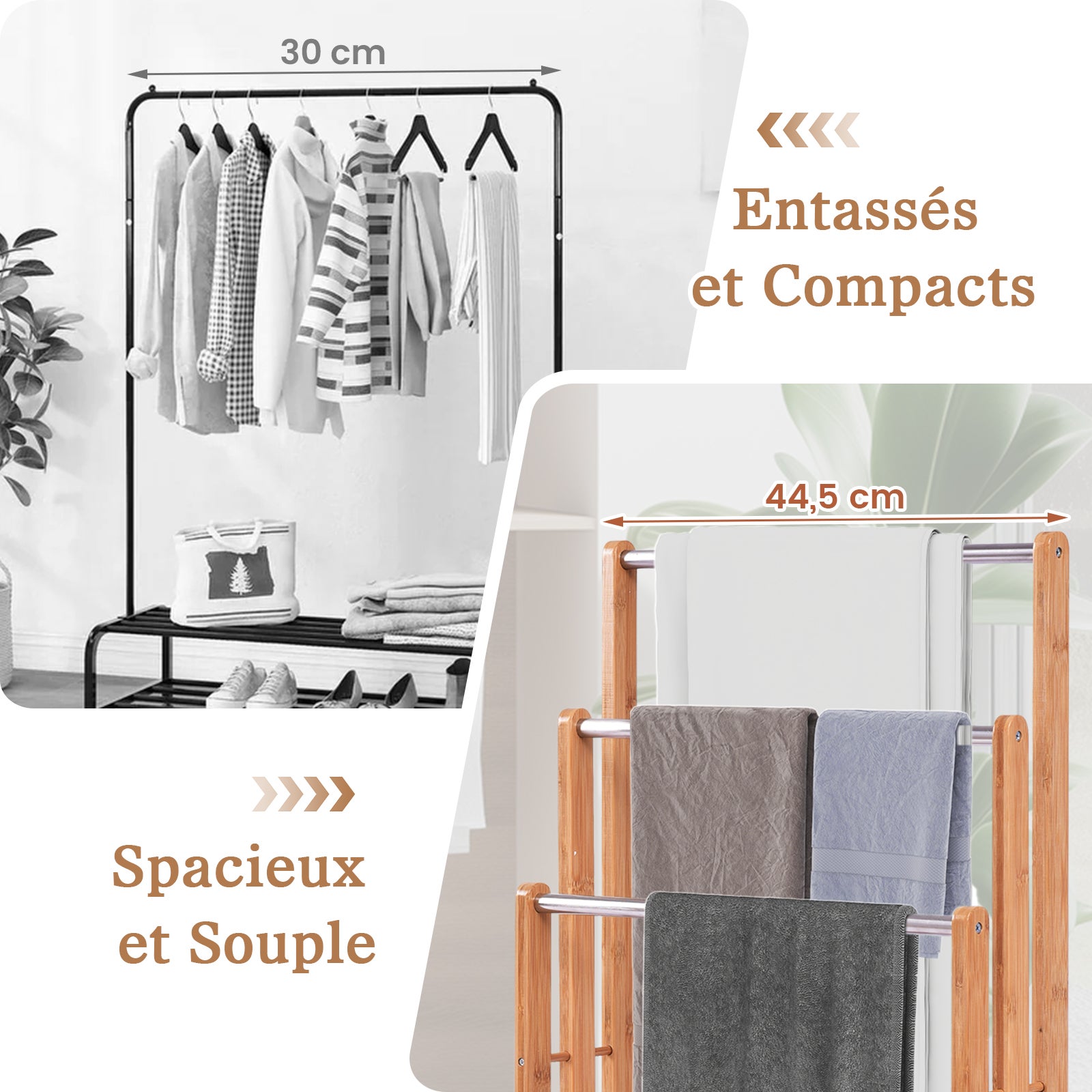 Portasciugamani in Bambù da Terra 46x24x84cm, Mobile Bagno con 3 Aste per Asciugamano in Acciaio Inox, Colore Naturale - 8