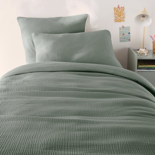 Housse de couette enfant gaze/coton lavé, Kumco - Sauge - 140 x 200 cm