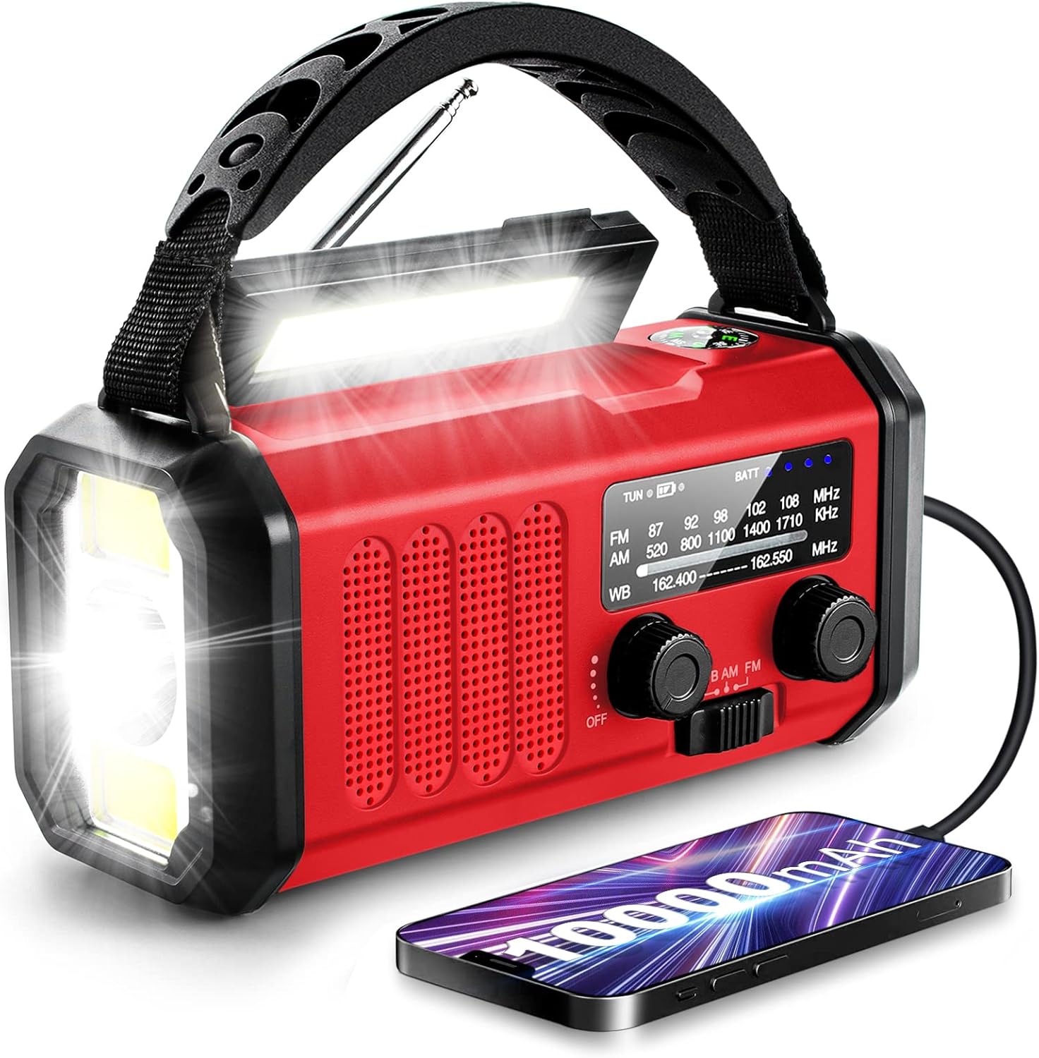 Radio awaryjne z korbką zasilane energią słoneczną, odpowiednie do pracy w ekstremalnych warunkach pogodowych, z falami AM/FM, w kolorze czerwonym, 1