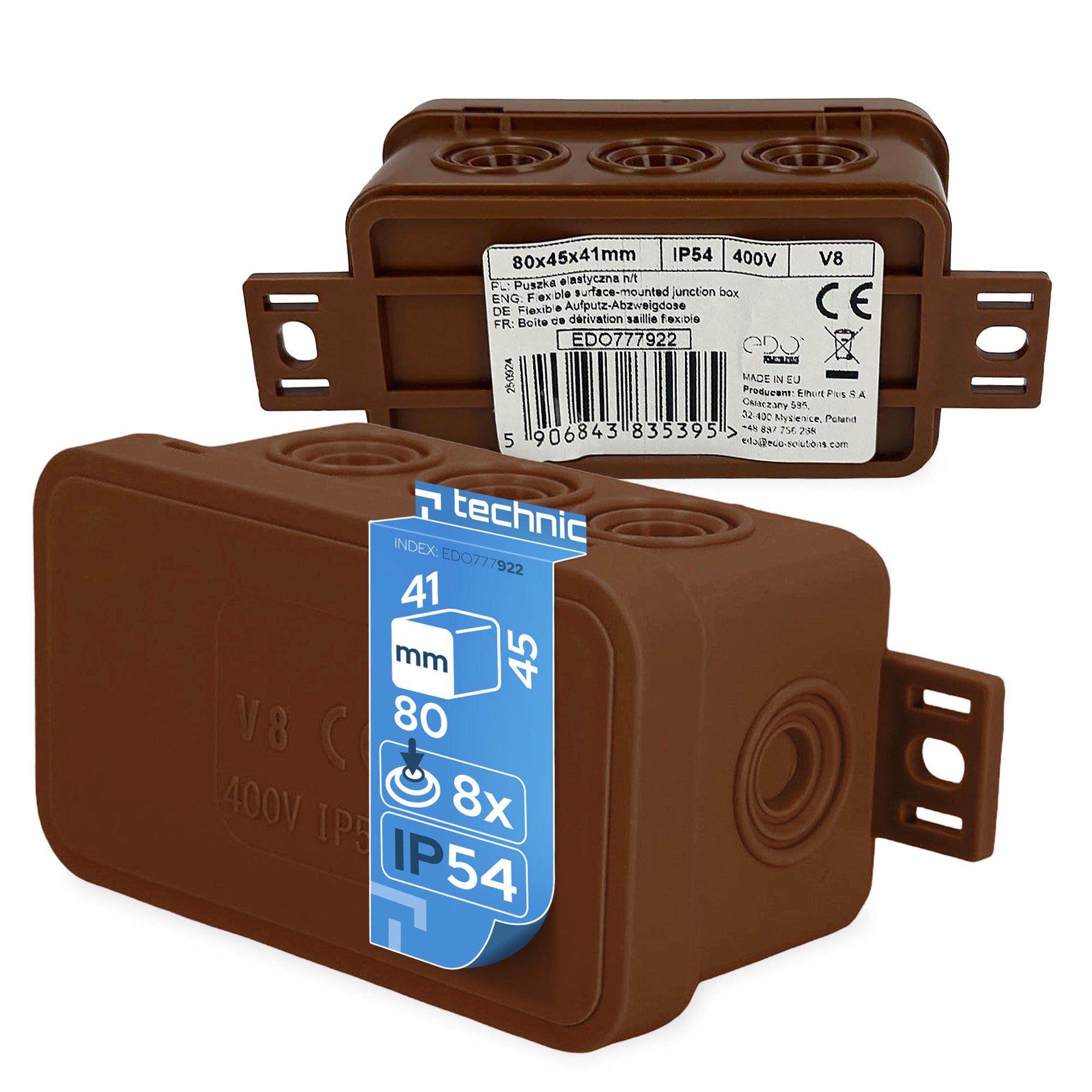 Puszka natynkowa hermetyczna elastyczna 80x45x41mm 12-wlotowa, zamknięcie "na klik" IP54 brązowa EDO