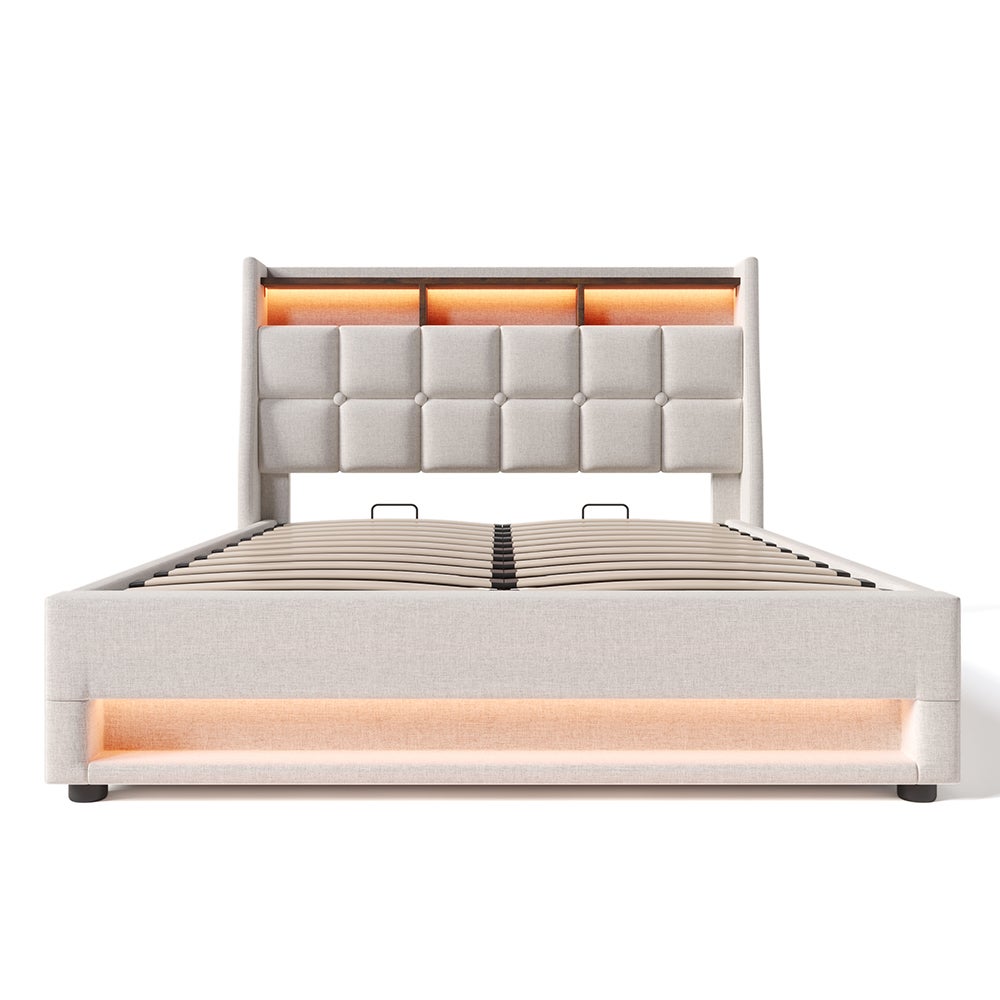 Lit coffre Lit rembourré avec USB Lit double LED avec sommier à lattes métalliques pour adolescents Sans matelas Lit 160x200 cm Beige - 2
