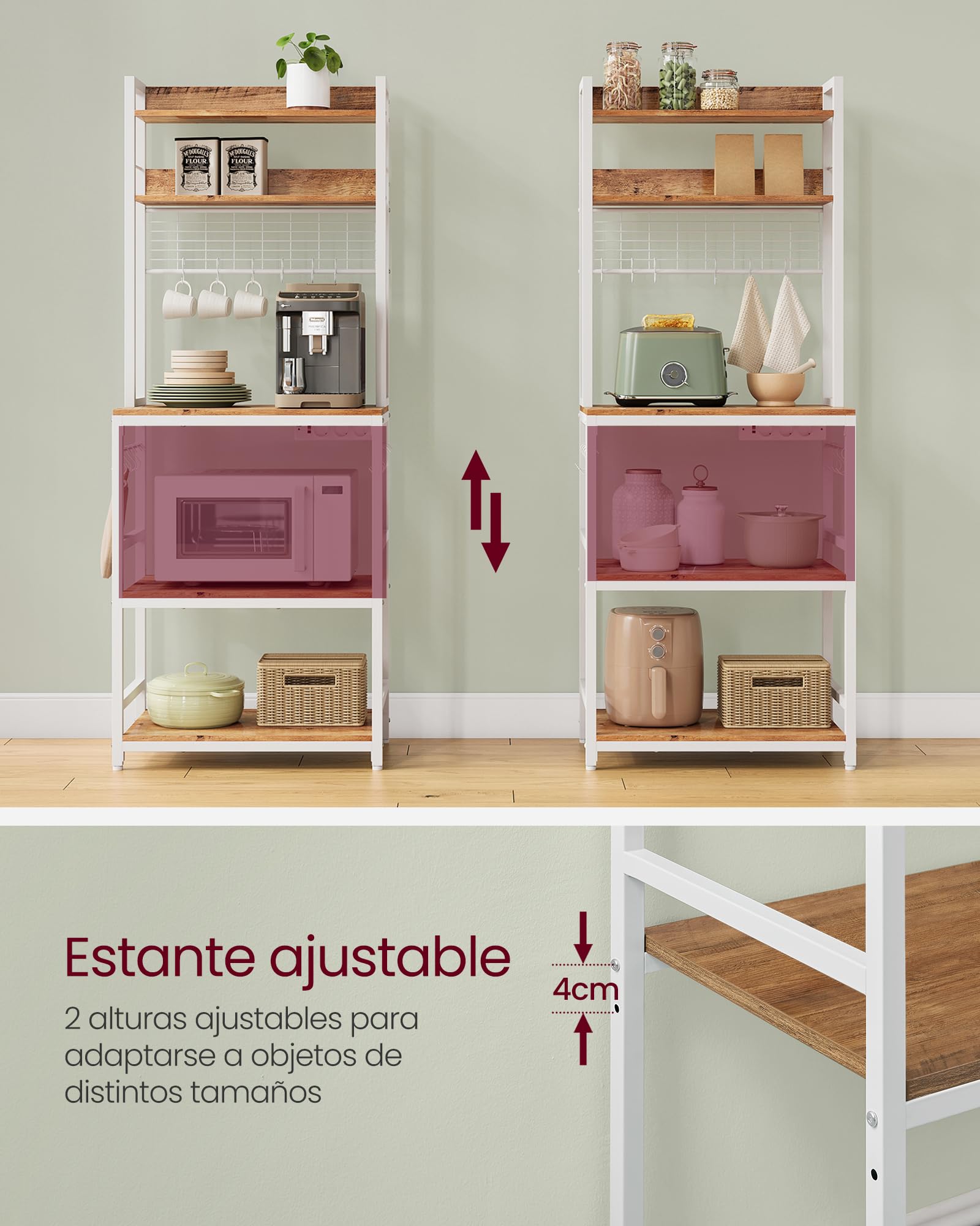 Estantería de cocina con toma de corriente y soporte para microondas - alambre de metal, 14 ganchos, 40x60x170 cm, nogal - 4