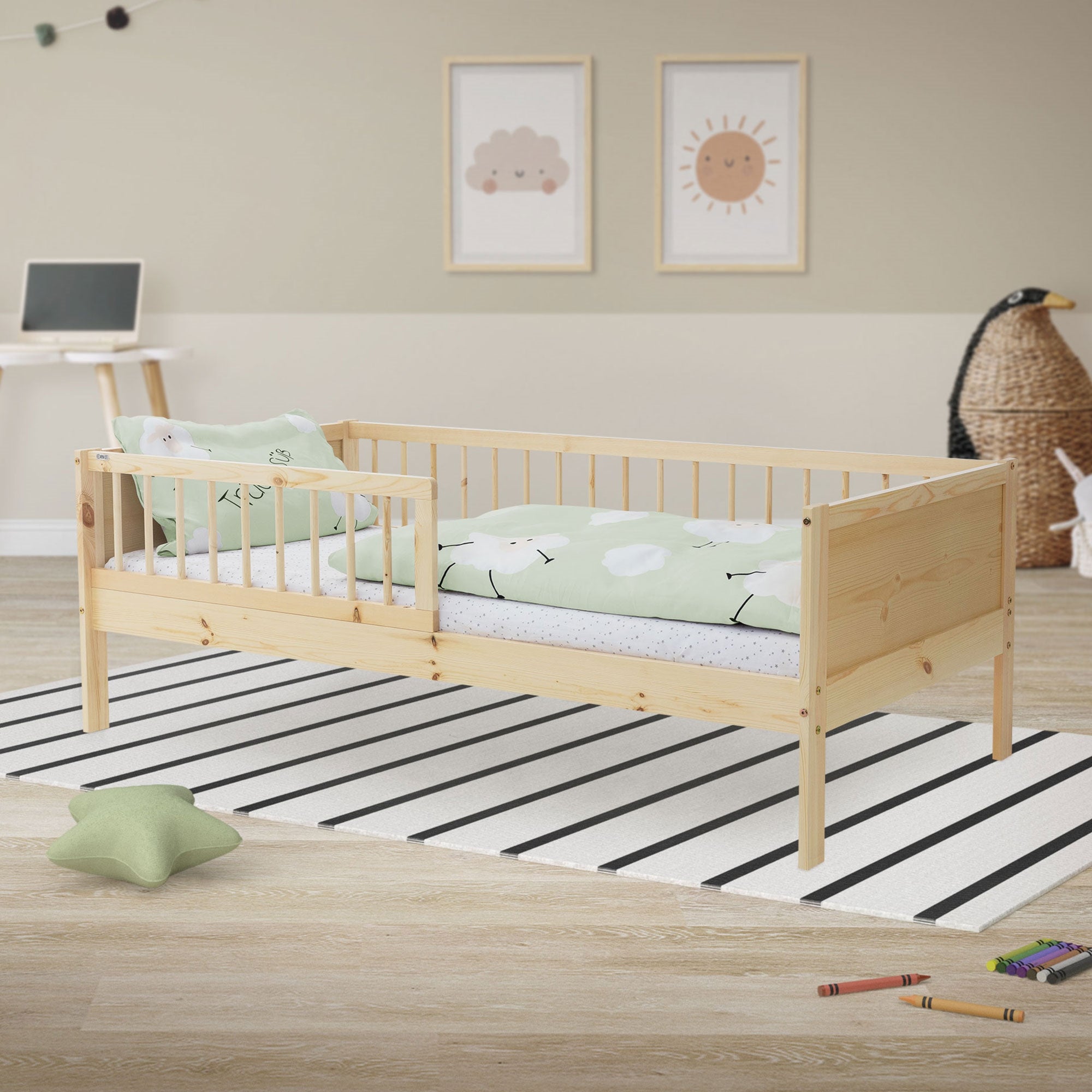 ML-Design łóżko dziecięce 80x160 cm naturalne z barierką sosnowe ze stelażem z listew zabezpieczenie przed upadkiem idealne dla chłopców i dziewczynek
