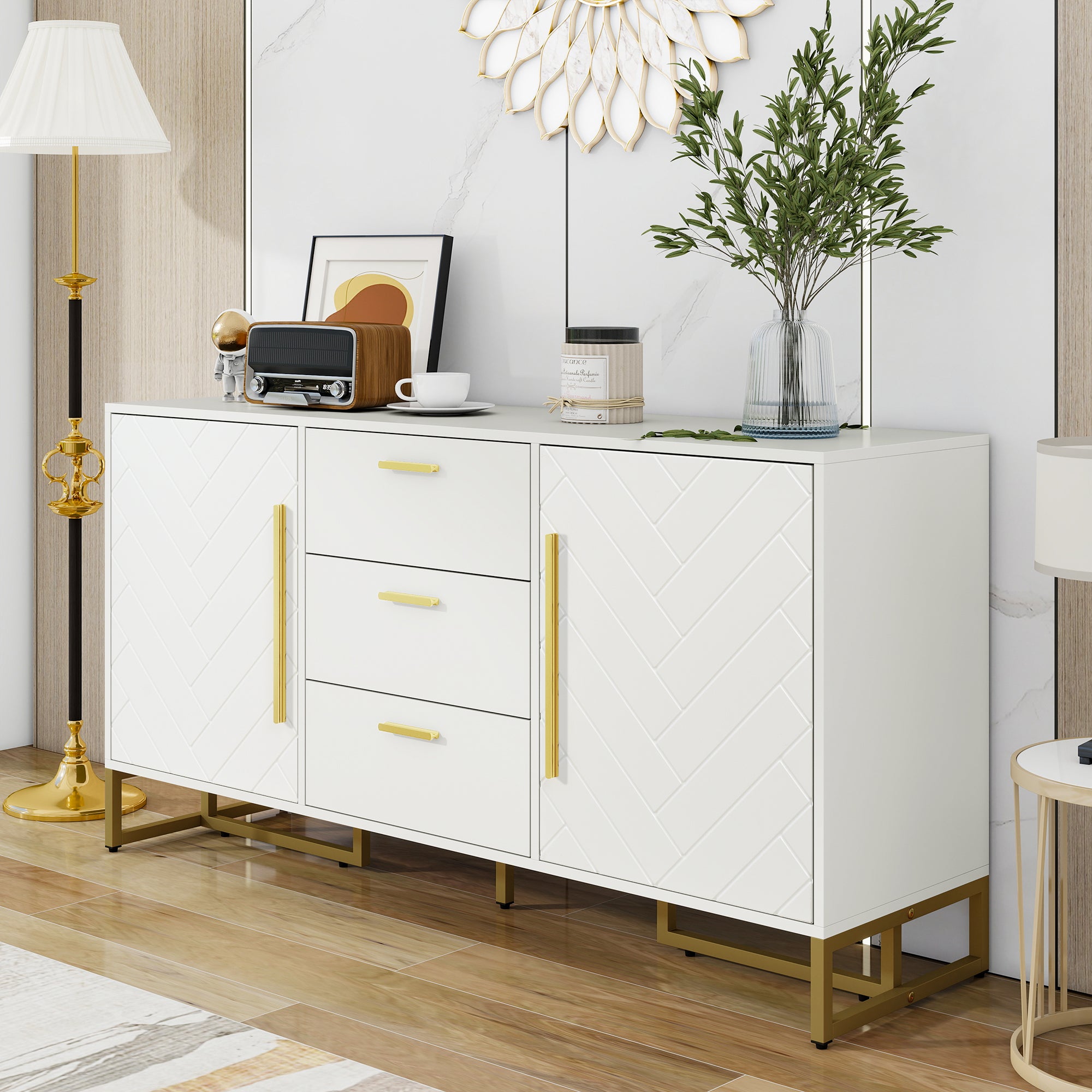 Komoda niska z 2 drzwiami i 3 szufladami - 145 x 40 x 75 cm - MDF + płyta wiórowa - do jadalni - biała