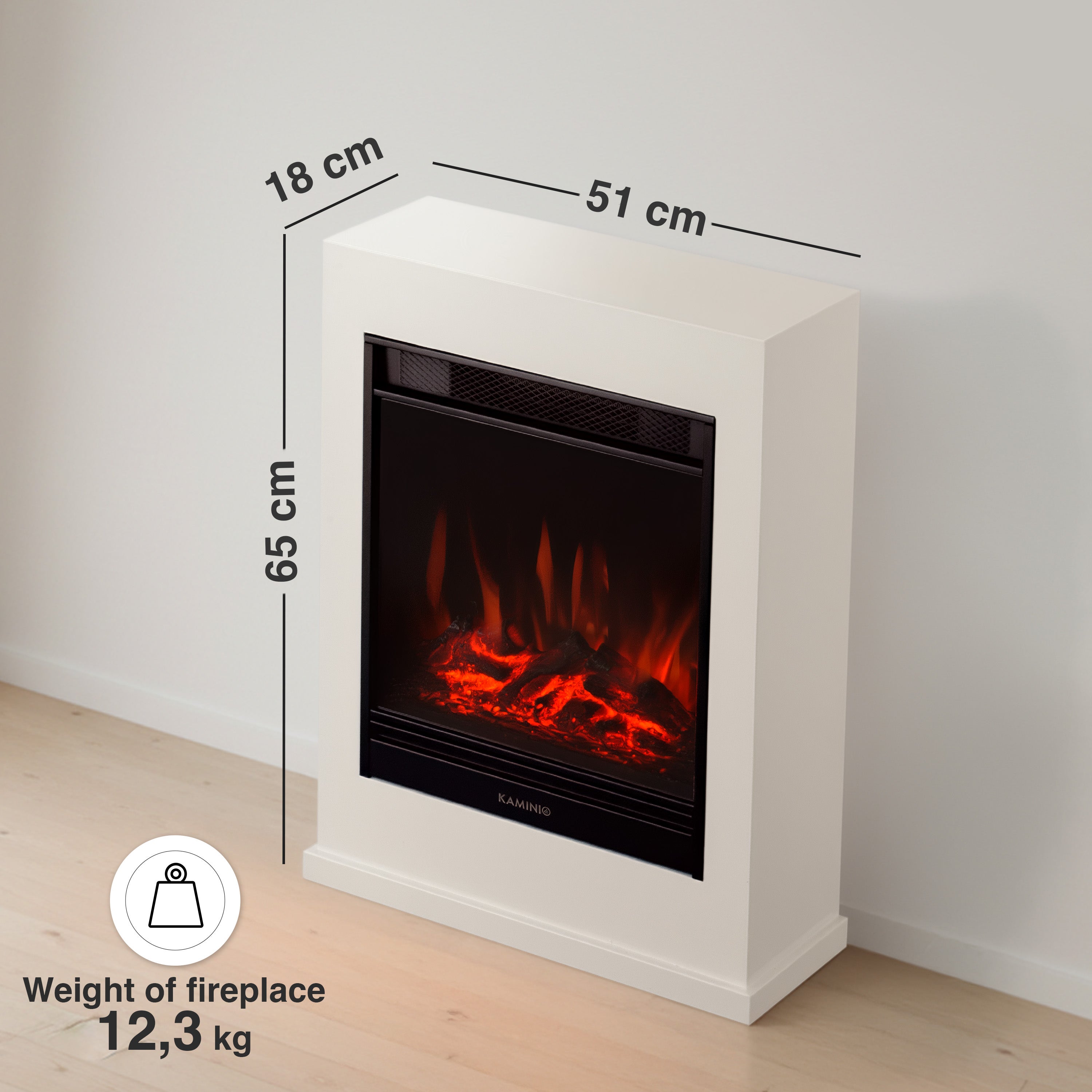 KAMINIO Cheminée électrique KALLE - Cheminée sur pied avec chauffage, effet de flamme 3D, télécommande - Blanc - 6