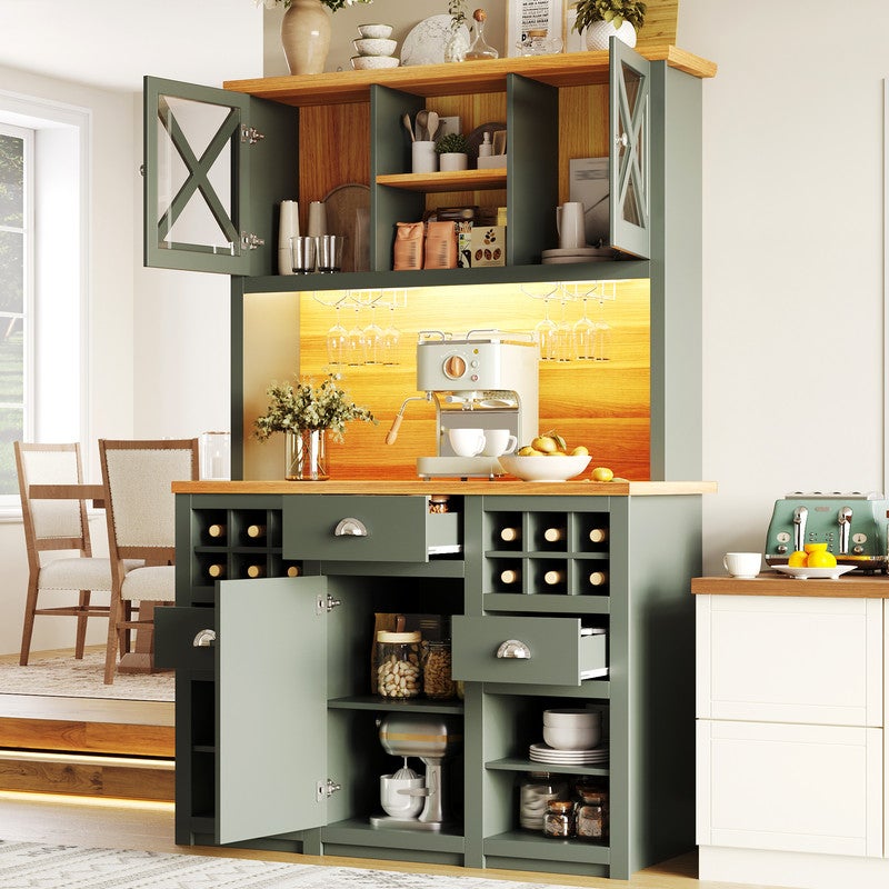 Buffet de Cuisine Haut avec LED et Portes Vitrées, Armoire de Rangement 120x45x188 cm, Meuble de Rangeement avec Prise et USB, Casier à Vin, Vert - 2