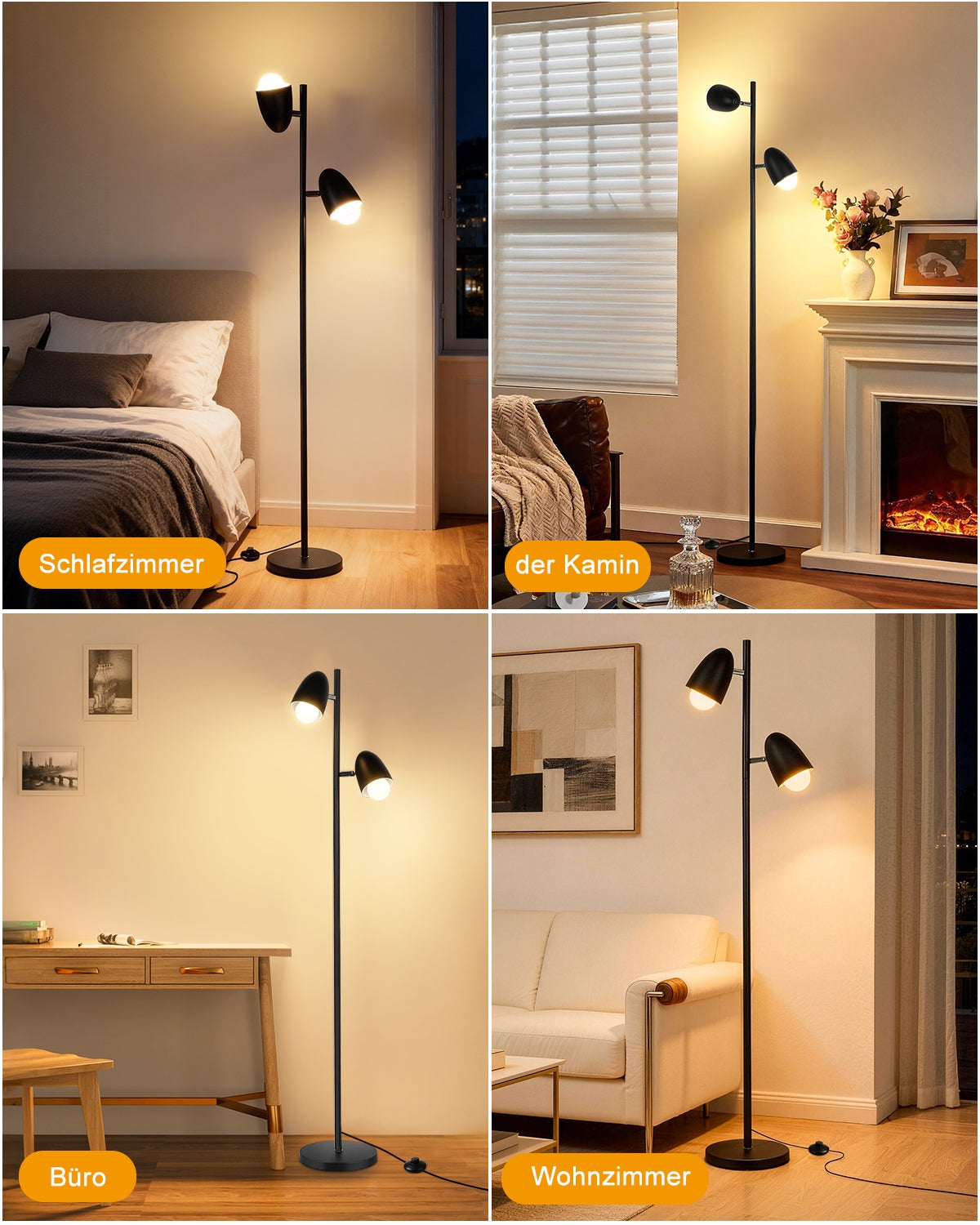Lampadaire sur pied LED 163 cm noir, double tête réglable 350°, lampadaire salon industriel E27 max. 60W, éclairage lecture chambre bureau, LOVHAUS - 8