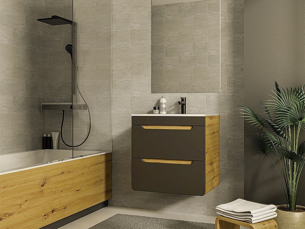 Szafka łazienkowa wisząca pod umywalkę w kolorze naturalnym i antracytowym – 60 cm - ARUBA