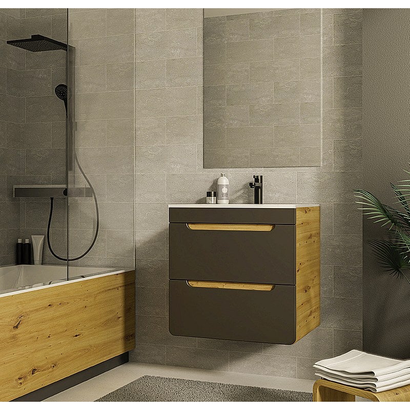 Szafka łazienkowa wisząca pod umywalkę w kolorze naturalnym i antracytowym – 60 cm - ARUBA