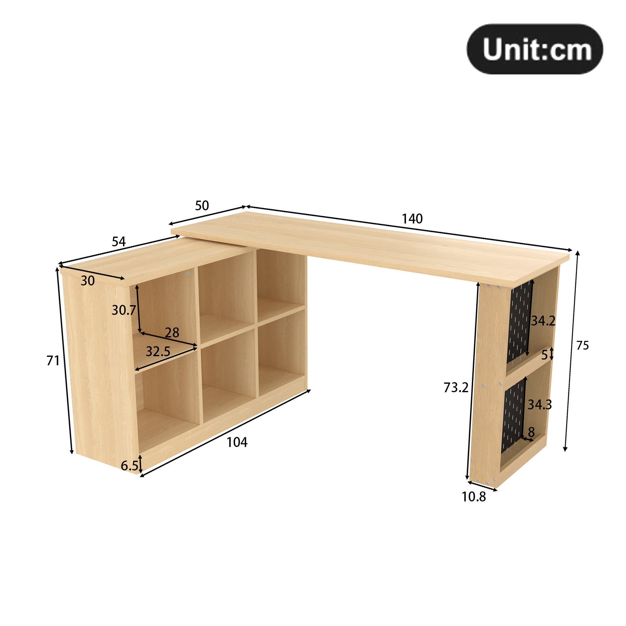 Bureau d'angle multifonctionnelle avec 6 compartiments + étagère - 140 x 104 x 75 cm - Bois MDF - Naturel - 5