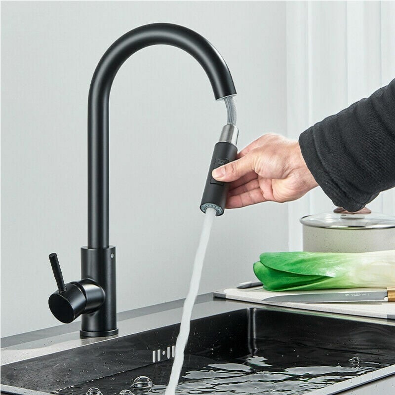Czarny kran kuchenny, kran kuchenny dwufunkcyjny, bateria teleskopowa, wylewka obrotowa 360° ze stali nierdzewnej 304