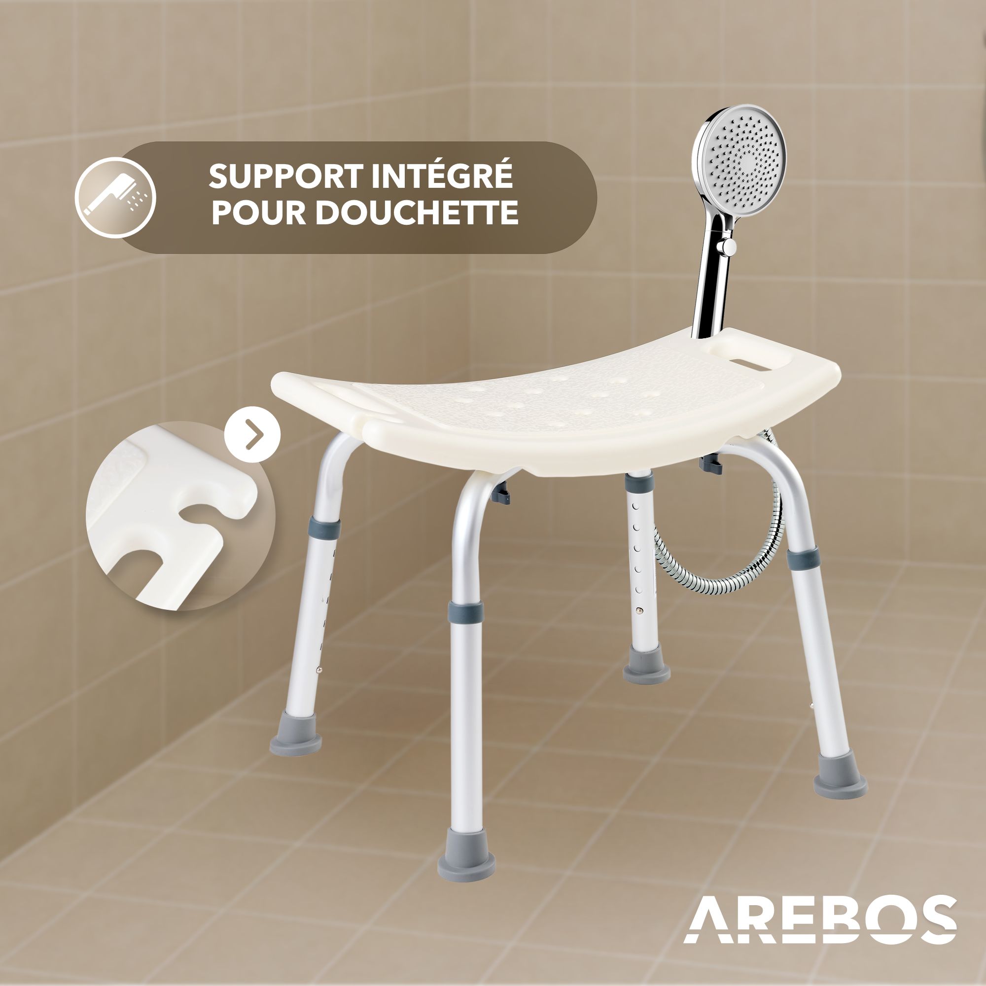 AREBOS Siège de Douche Tabouret de Douche | à Hauteur Réglable | Chaise de Douche | Aluminium | en Plastique HDPE | Rectangulaire | Montage Facile - 4