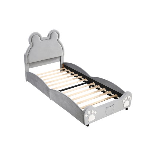 Letto Imbottito Per Bambini A Forma Di Orso 140x200 Cm, In Velluto Morbido, Bianco, Senza Materasso