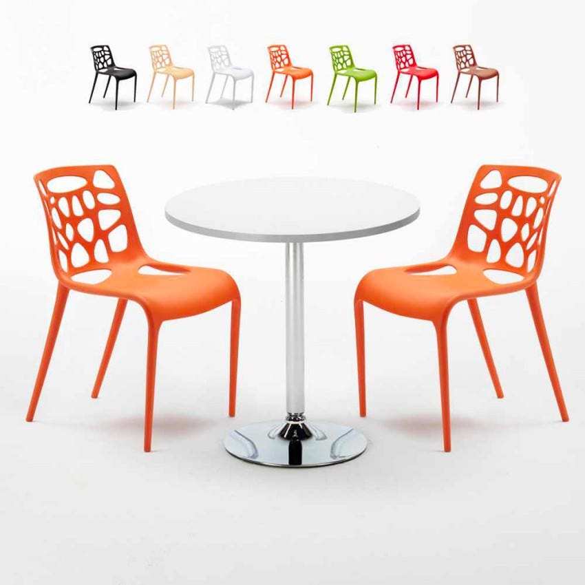 Table blanche ronde 70x70cm 2 Chaises colorées intérieur bar café ...