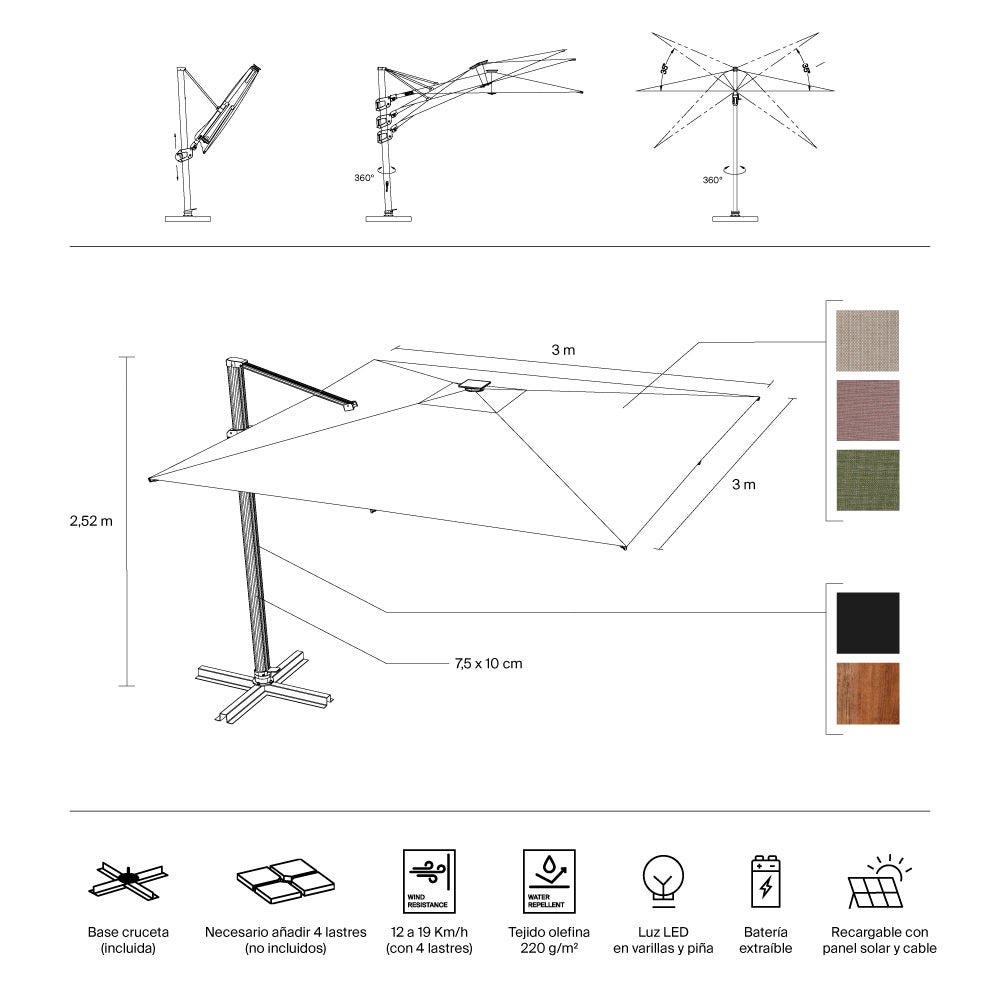 IASO Basics Calpe – Parasol déporté 3x3, toile couleur terre cuite, structure effet bois - 9