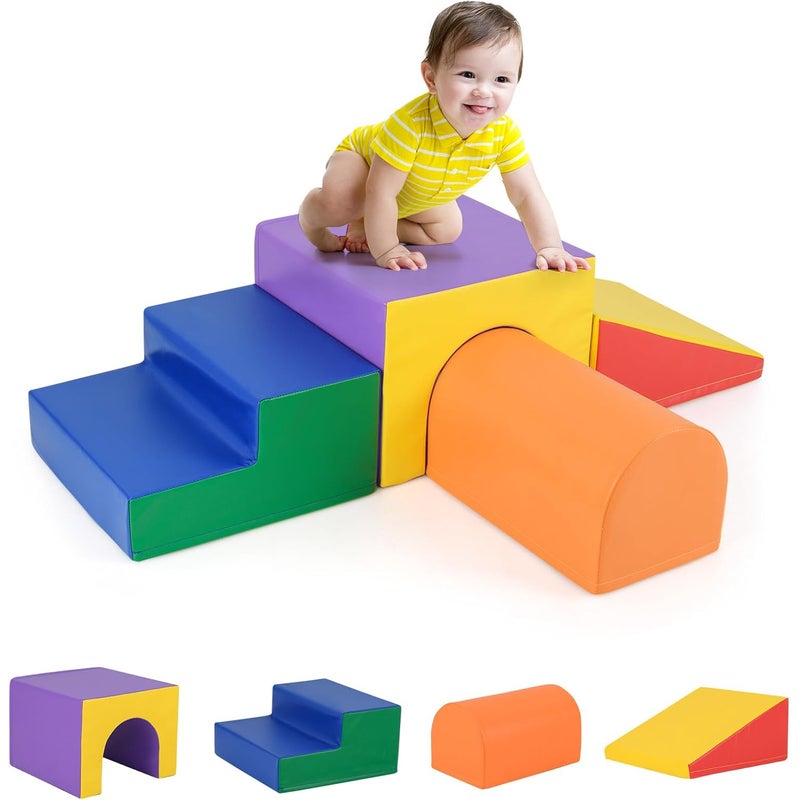 4 Szt. Tor Przeszkód dla Niemowląt, Moduł Ruchowy z Pianki, PU+EPE o Wysokiej Gęstości, Zapięcia na Rzepy, Zabawki Montessori (Niebieski+Pomarańczowy)