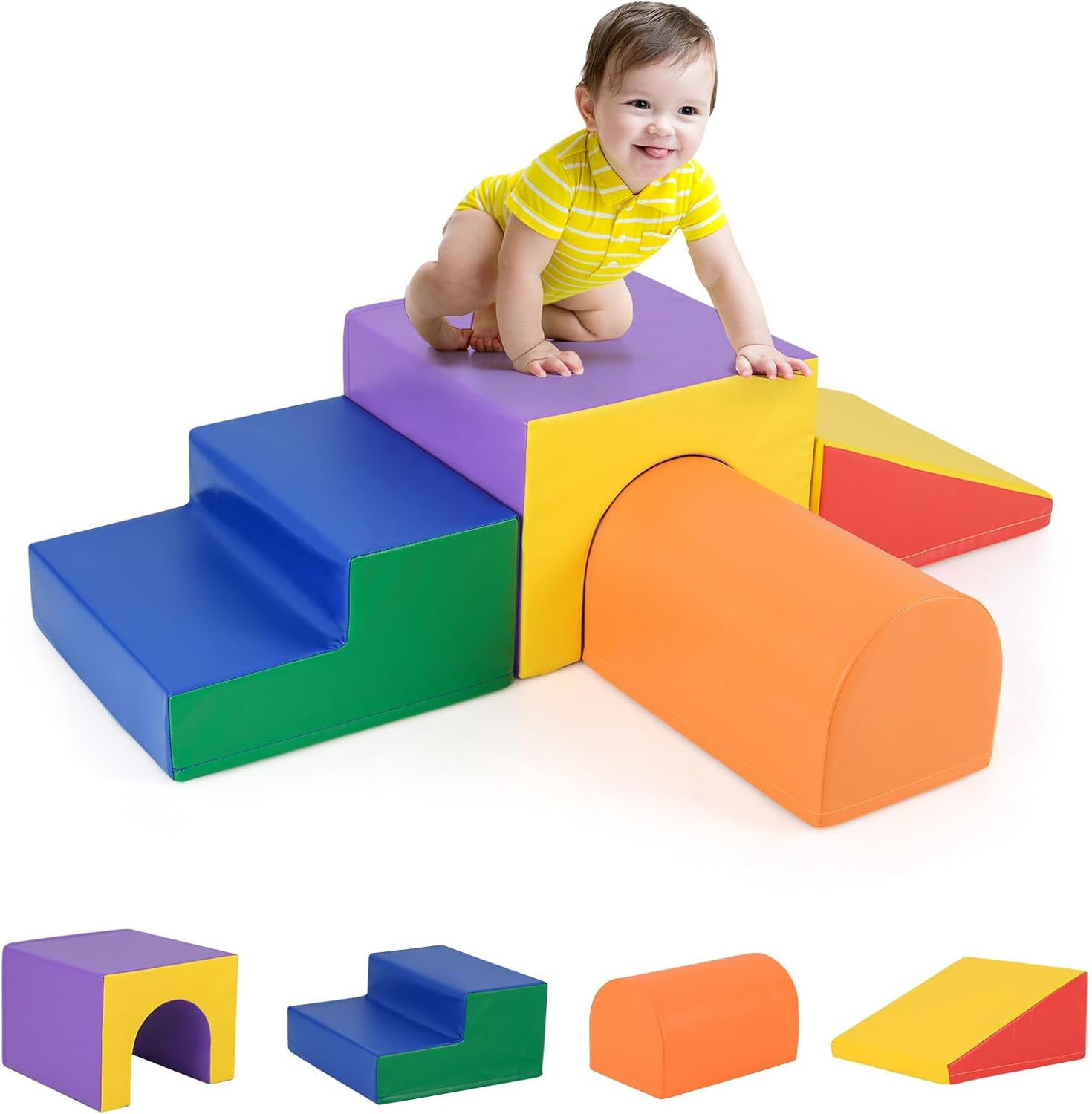 4 Szt. Tor Przeszkód dla Niemowląt, Moduł Ruchowy z Pianki, PU+EPE o Wysokiej Gęstości, Zapięcia na Rzepy, Zabawki Montessori (Niebieski+Pomarańczowy)