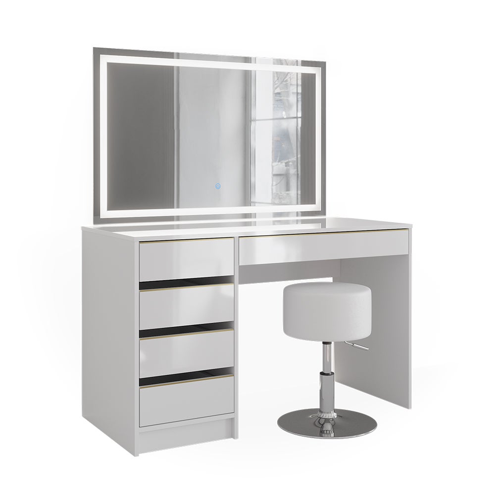 Vicco Toaletka Sherry, Biały/złoty, 120 cm z lustrem LED i stołkiem