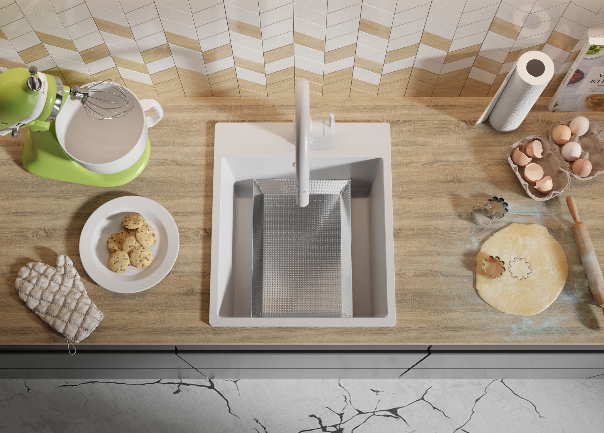 Lavello da Cucina Bianco 43x50cm, Lavandino in Granito a 1 vasca + Sifone Classico, Lavabo da Cucina Incasso al mobile 45cm - Riga PRIMAGRAN - 9