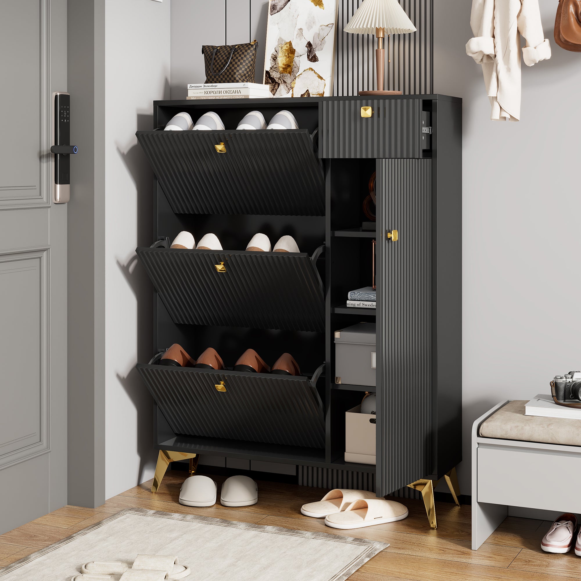 Szafka na buty z 3 wysuwanymi szufladami, 1 szufladą i 1 drzwiami - 90 x 25 x 121 cm - Płyta wiórowa i nogi metalowe - Czarny