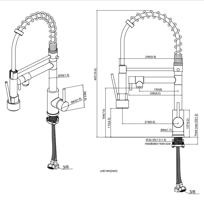 Rubinetto da cucina con doccetta estraibile, Miscelatore da cucina cromato, Rubinetti in ottone, Rubinetto per lavello a 2 getti - 7