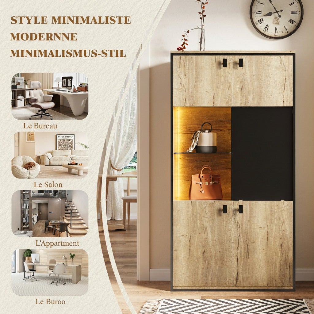 Armoire de Rangement 150cm Effet Bois & Noir - Buffet Haut avec Porte Coulissante & Placard - Style Industriel Bureau Salon - 8