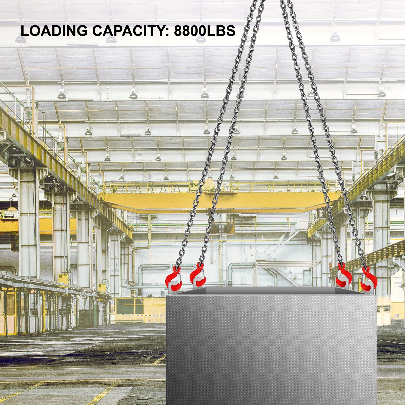 Élingue à Chaîne Charge VEVOR 4T avec 2m Chaîne en Acier G80 Mn Chaîne de Levage de Poids à 4 pieds avec Crochet pour Activités Levage et Déplacement | Leroy Merlin
