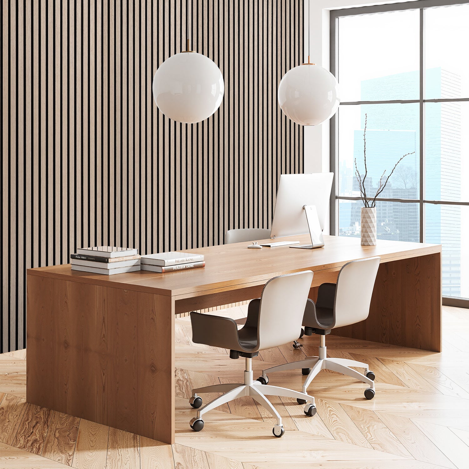 Lote de 2 paneles acústicos autoadhesivos para pared listones MDF modernos de madera 120 x 60 x 2,1 cm - Panel MDF chapado en madera roble - 7