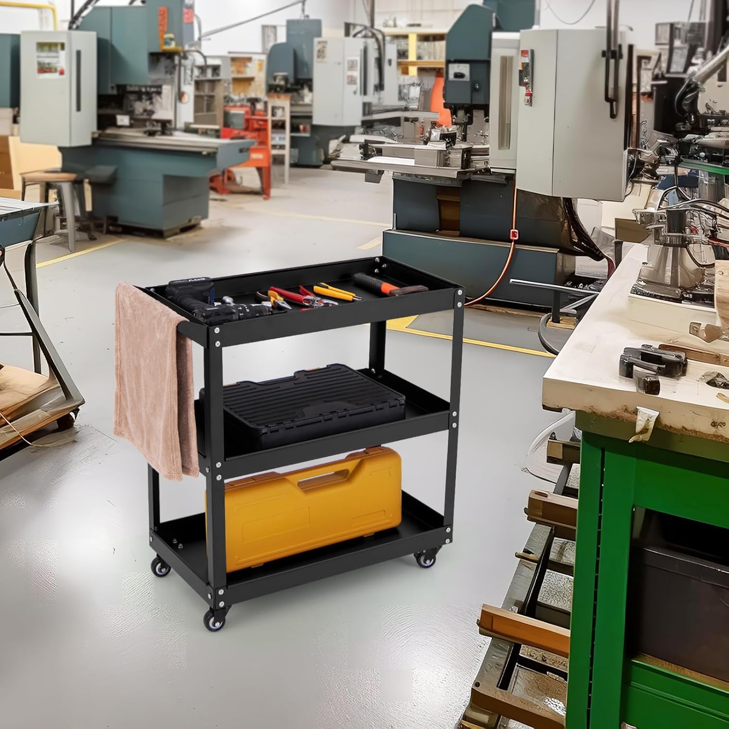 Carrello Portautensili a 3 Livelli, Carrello Metallico Resistente con 3 Ripiani, 4 Ruote Universali con 2 Freni, per Garage, Casa, Magazzino, - 2